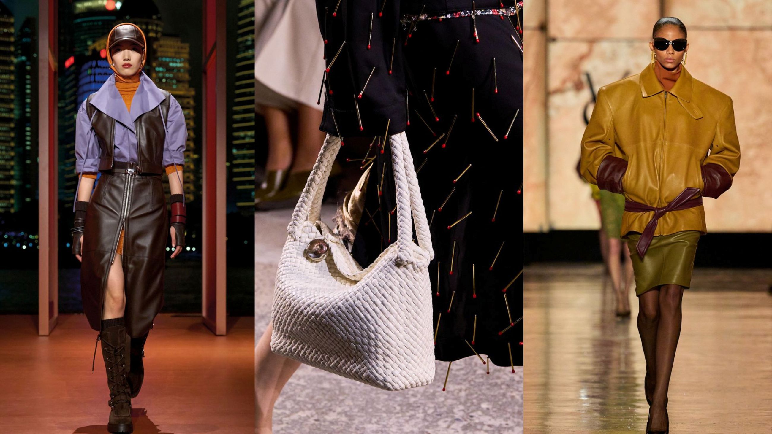 Da sinistra Hermès FW25; Bottega Veneta; Saint Laurent FW25 - Credits Launchmetrics.com/Spotlight