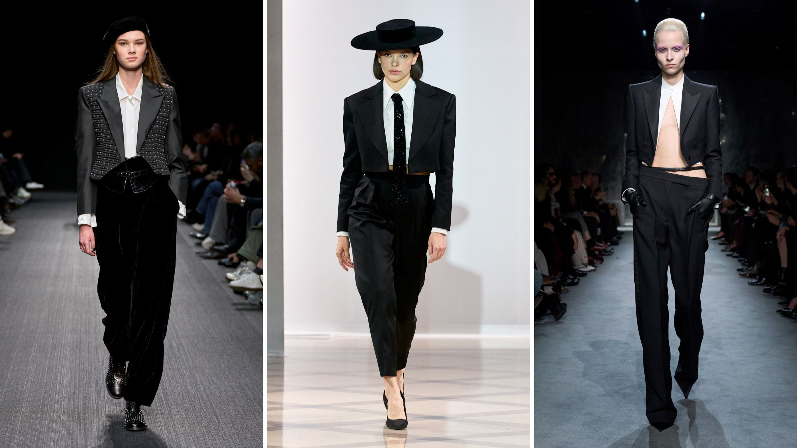 Da sinistra mises con mini-blazer nelle sfilate FW2526 di Emporio Armani, M.Marquise e Tom Ford - Credits: Launchmetrics.com/Spotlight