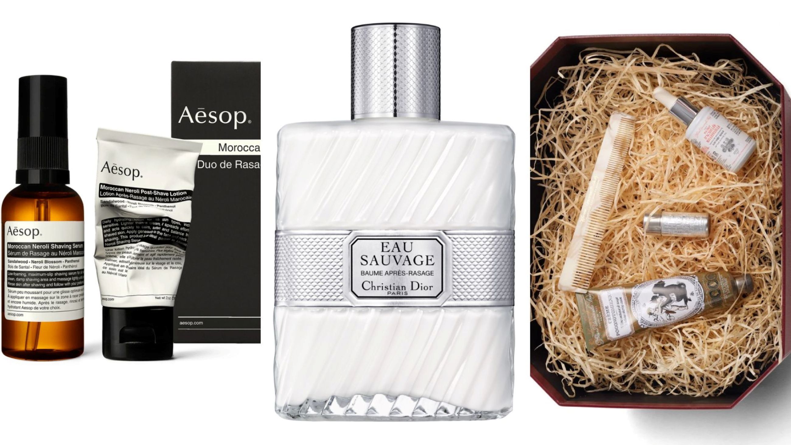 Aesop, Moroccan Neroli Shaving Duet; Dior, Eau Sauvage Balsamo Dopobarba; Officine Universelle Buly, Cofanetto Sur Son 31 - Credits: Courtesy Press Office