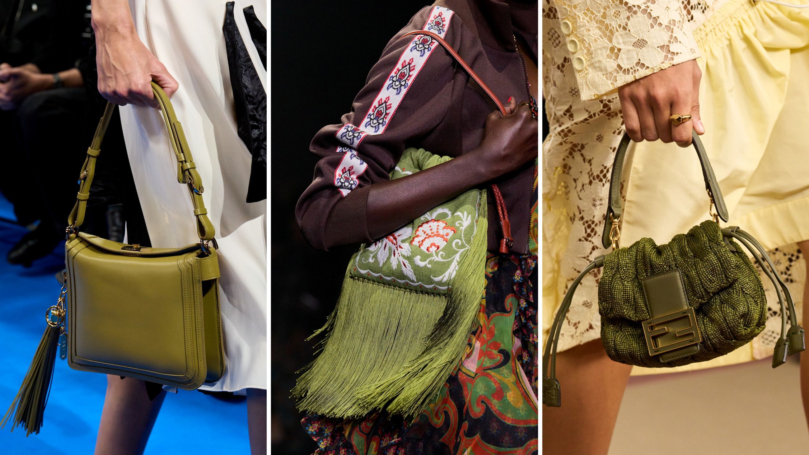 Dalle passerelle PE26: il verde oliva sfoggia tutta la sua versatilità. Da sinistra, accessori firmati Lanvin, Etro e Fendi - Credits: Launchmetrics.com/Spotlight