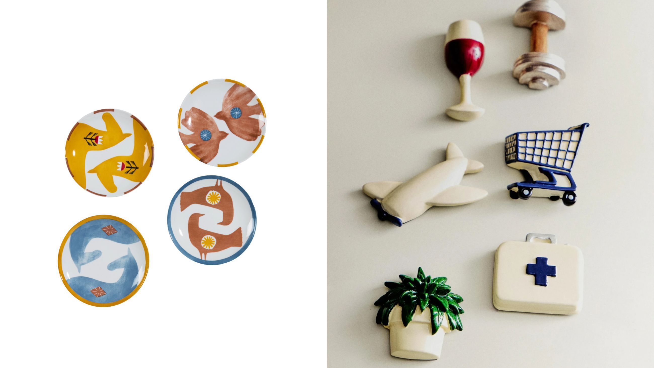 Da sinistra: Posadas, un set di 4 piatti da dessert in ceramica con motivi multicolore di Maison du Monde - Courtesy Maison du Monde; Magneti Attività (set da 6) di Zara Home in resina - Courtesy Zara Home