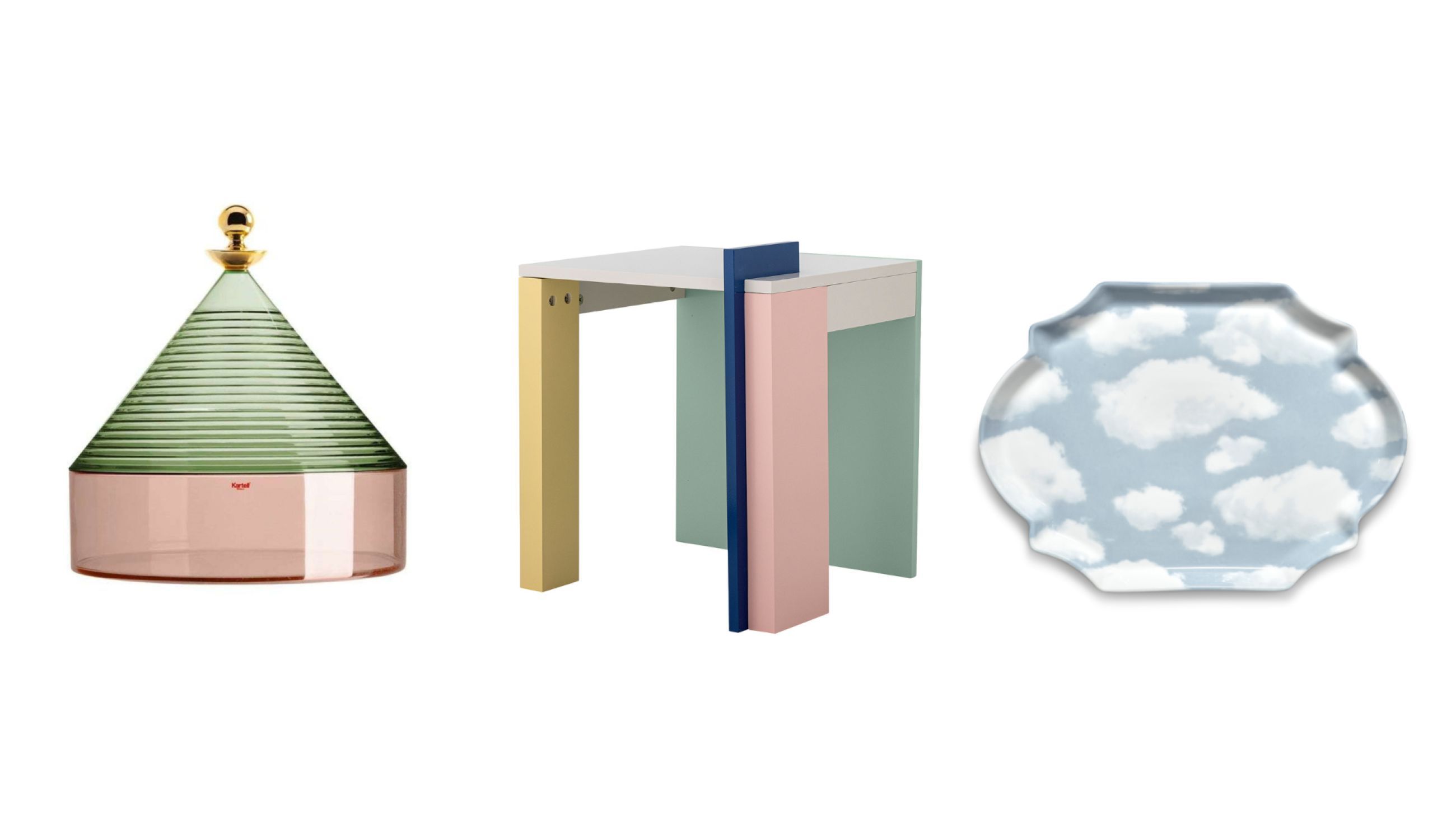 Da sinistra: Trullo di Kartell - Courtesy Kartell; Banjo di Bloomingville - Courtesy Bloomingville; Vassoio a nuvole di Serax Courtesy Serax 