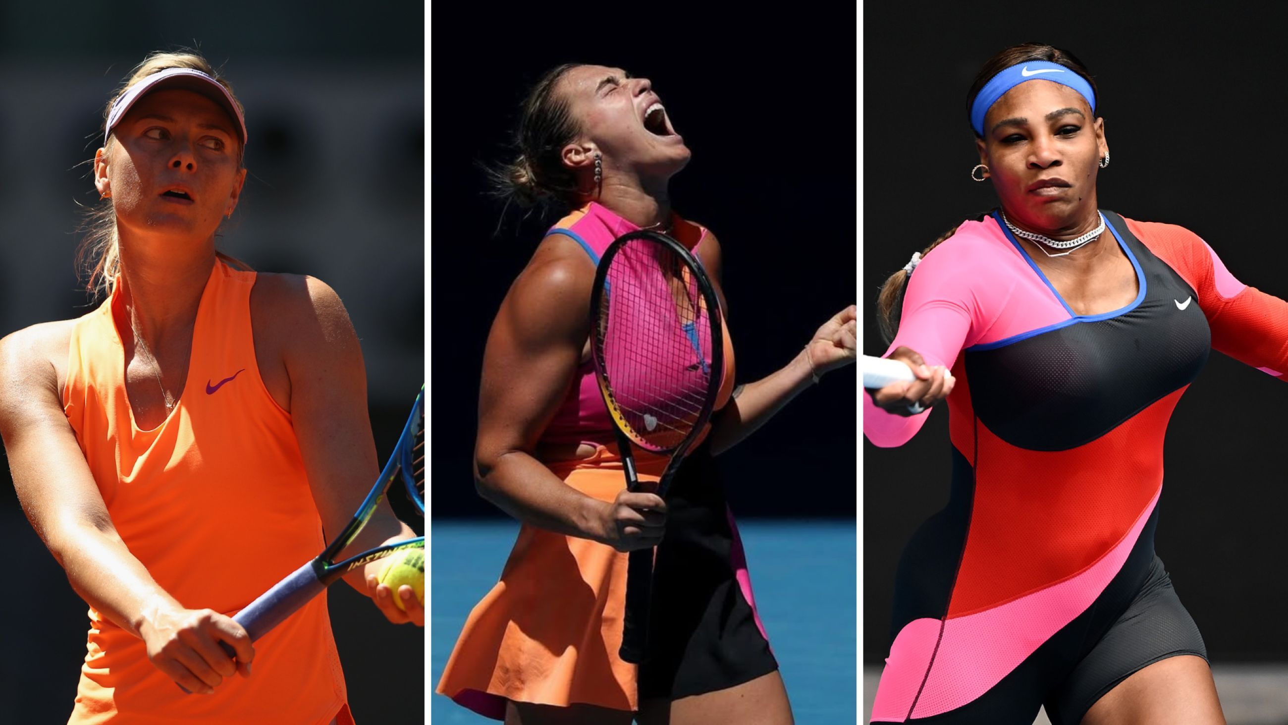 Da sinistra: Maria Sharapova - Credits Getty Images; Aryna Sabalenka - Immagine tratta dal profilo Instagram di Aryna Sabalenka; Serena Williams - Credits Getty Images