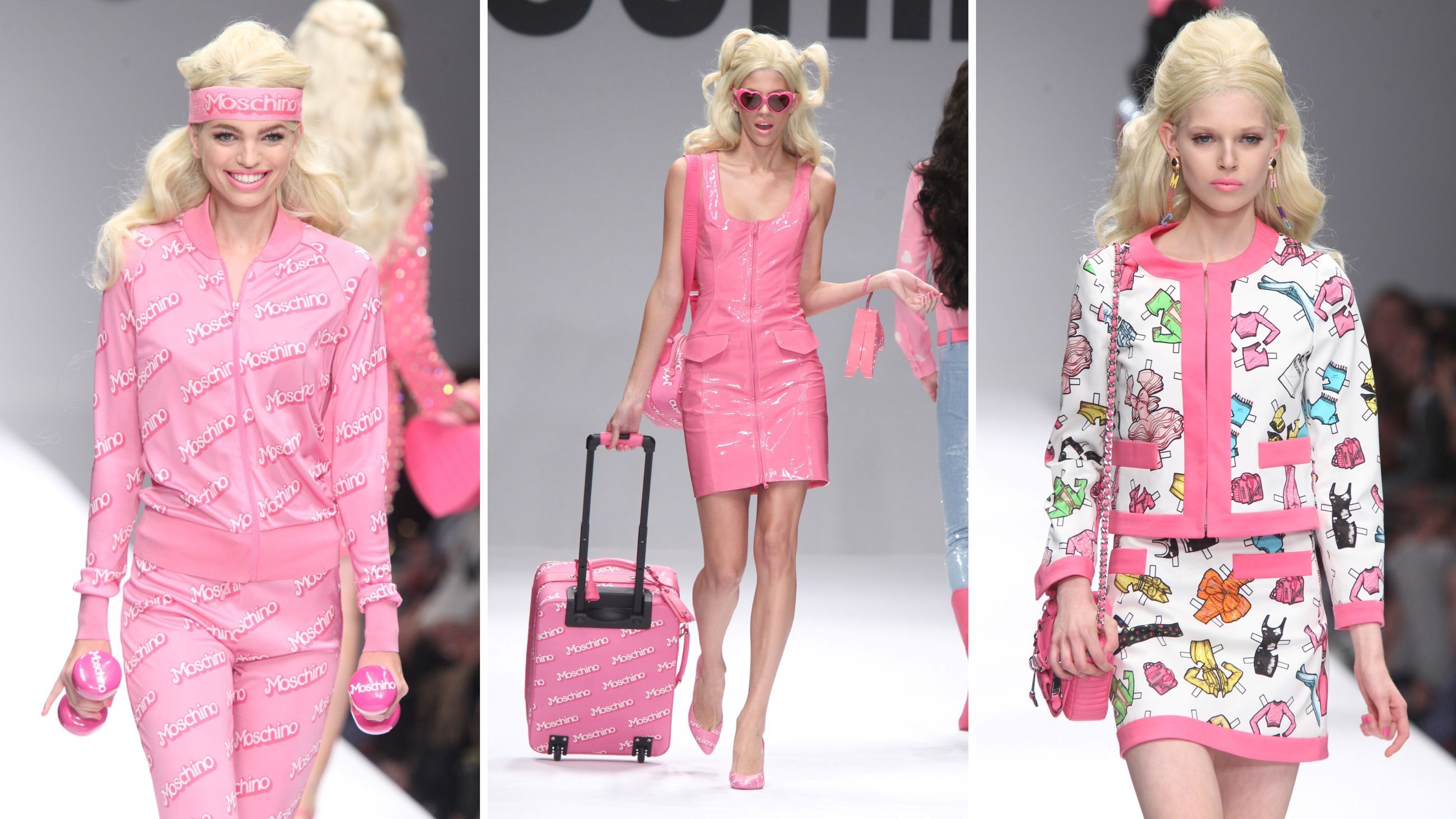 Alcuni look dalla collezione di Moschino by Jeremy Scott PE15: con le Barbie in passerella sfilarono colore, gioia ed energia