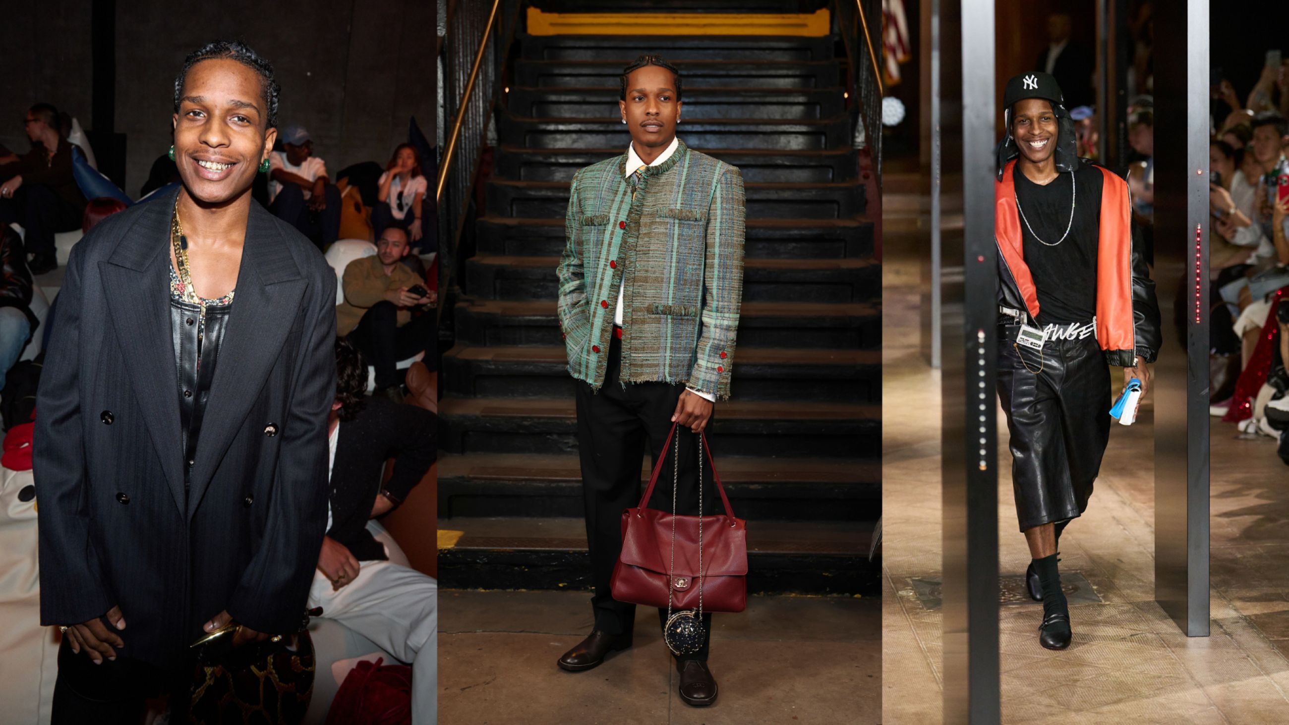 Da sinistra A$AP Rocky alla sfilata SS25 di Bottega Veneta; A$AP Rocky alla sfilata FW26 di Chanel; A$AP Rocky sfila per AWGE SS26 - Credits Launchmetrics.com/Spotlight
