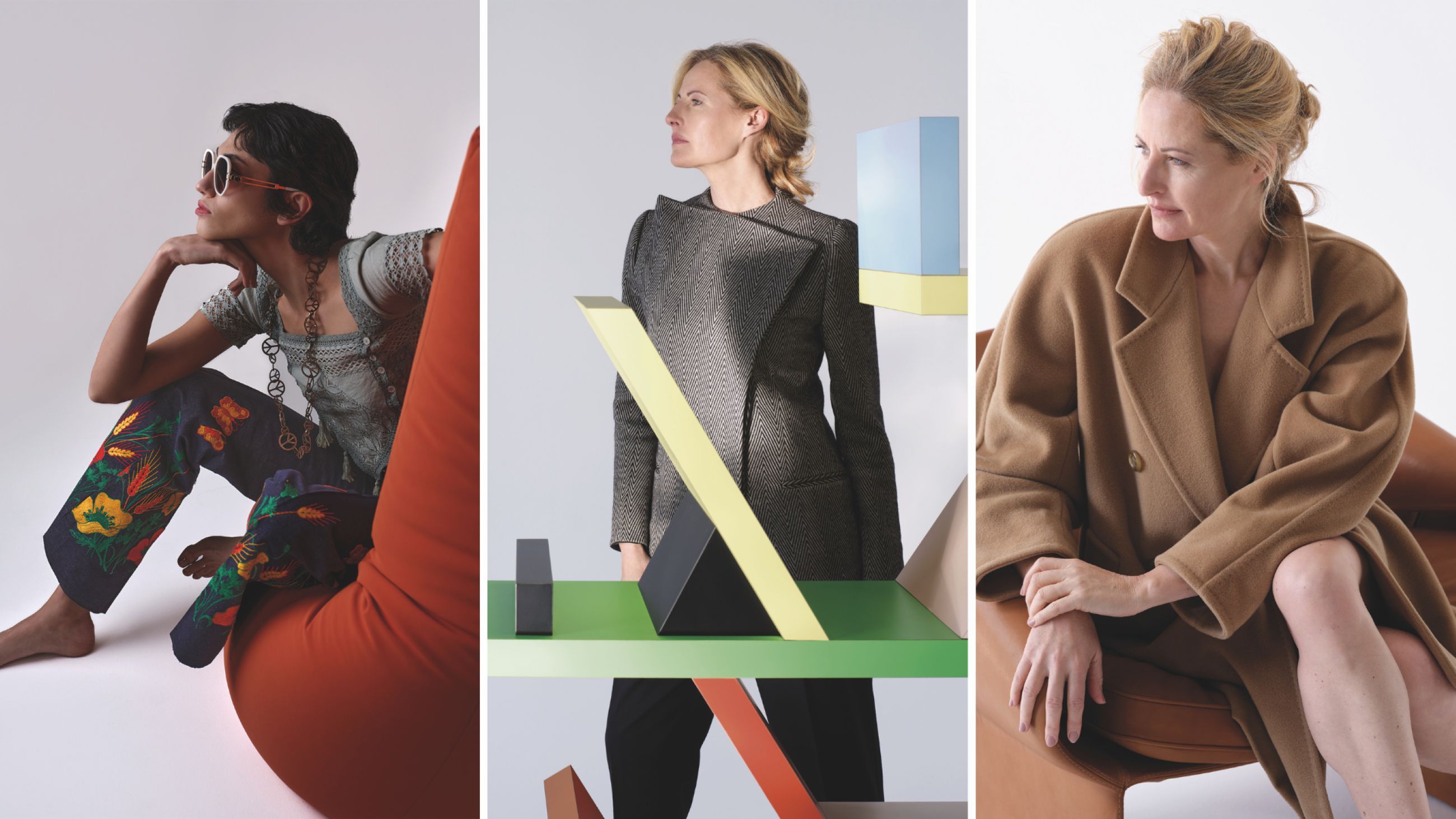 Da sinistra: Mostra Abito Moda Fiorucci 1968: Design Sacco, Zanotta, Piero Gatti; Mostra Abito Moda Giorgio Armani, Armani Fw1980: Design Carlton Memphis E Sottsass 1981; Mostra Abito Moda Max Mara Design Talenti Grace By Palomba Serafini Associati - Courtesy Press Office