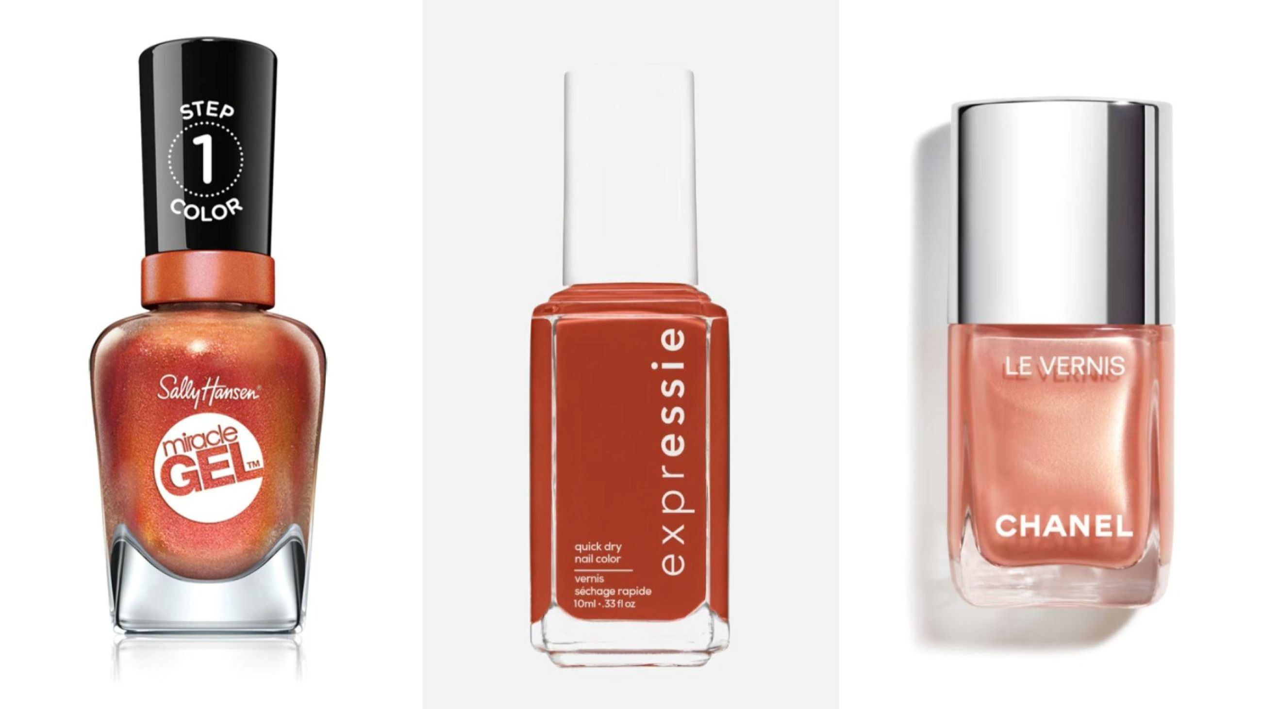 Sally Hansen, Miracle Gel Sundown Socialite; Essie, Expressie Bold and Be Bolt; Chanel, Le Vernis Golden Mermaid - Credits: Courtesy Press Office