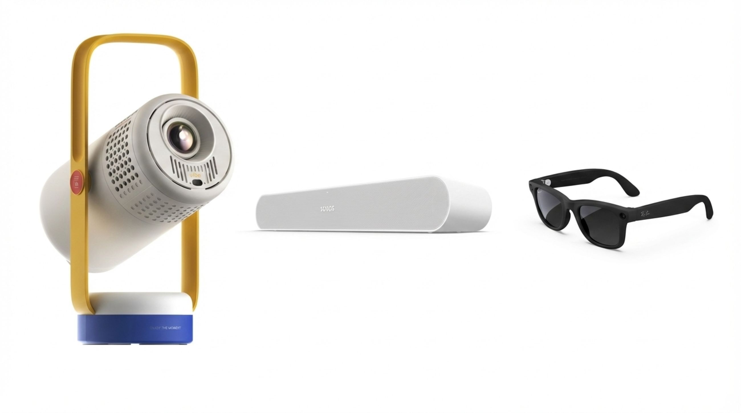 Da sinistra: XGIMI Vibe One; Sonos Ray; Ray-Ban Meta Wayfarer (Gen 1) - Courtesy Press Office