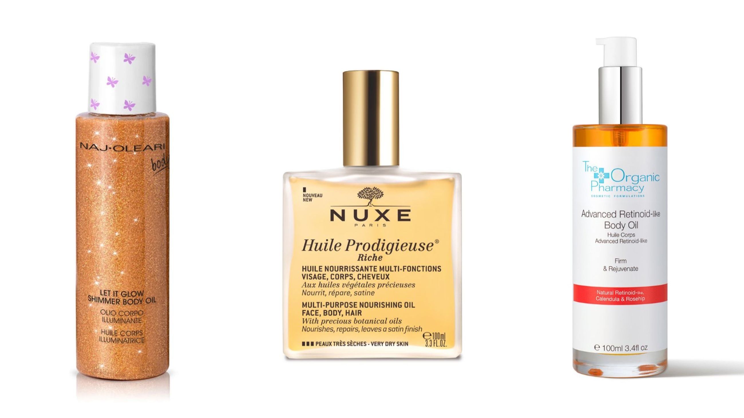  Naj Oleari, Let it Glow Olio Corpo Illuminante; Nuxe_Huile Prodigieuse Riche; The Organic Pharmacy, Advanced Retinoid-Like Body Oil - Credits: Courtesy Press Office