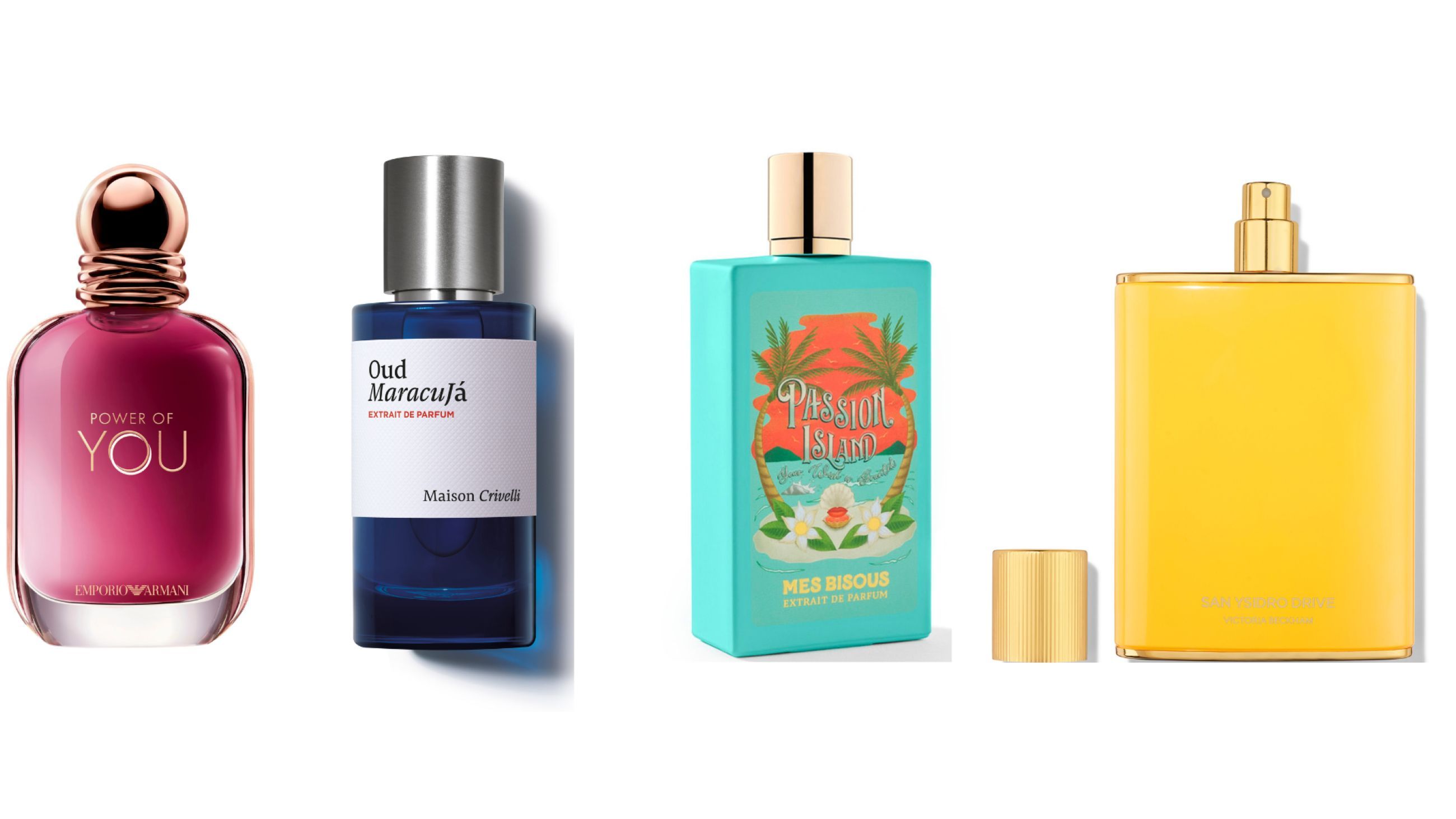 Da sinistra: Emporio Armani, Power of You; Maison Crivelli, Oud Maracujà; Mes Bisous, Passion-Island; Victoria Beckham, San Ysidro Drive - Courtesy Press Office