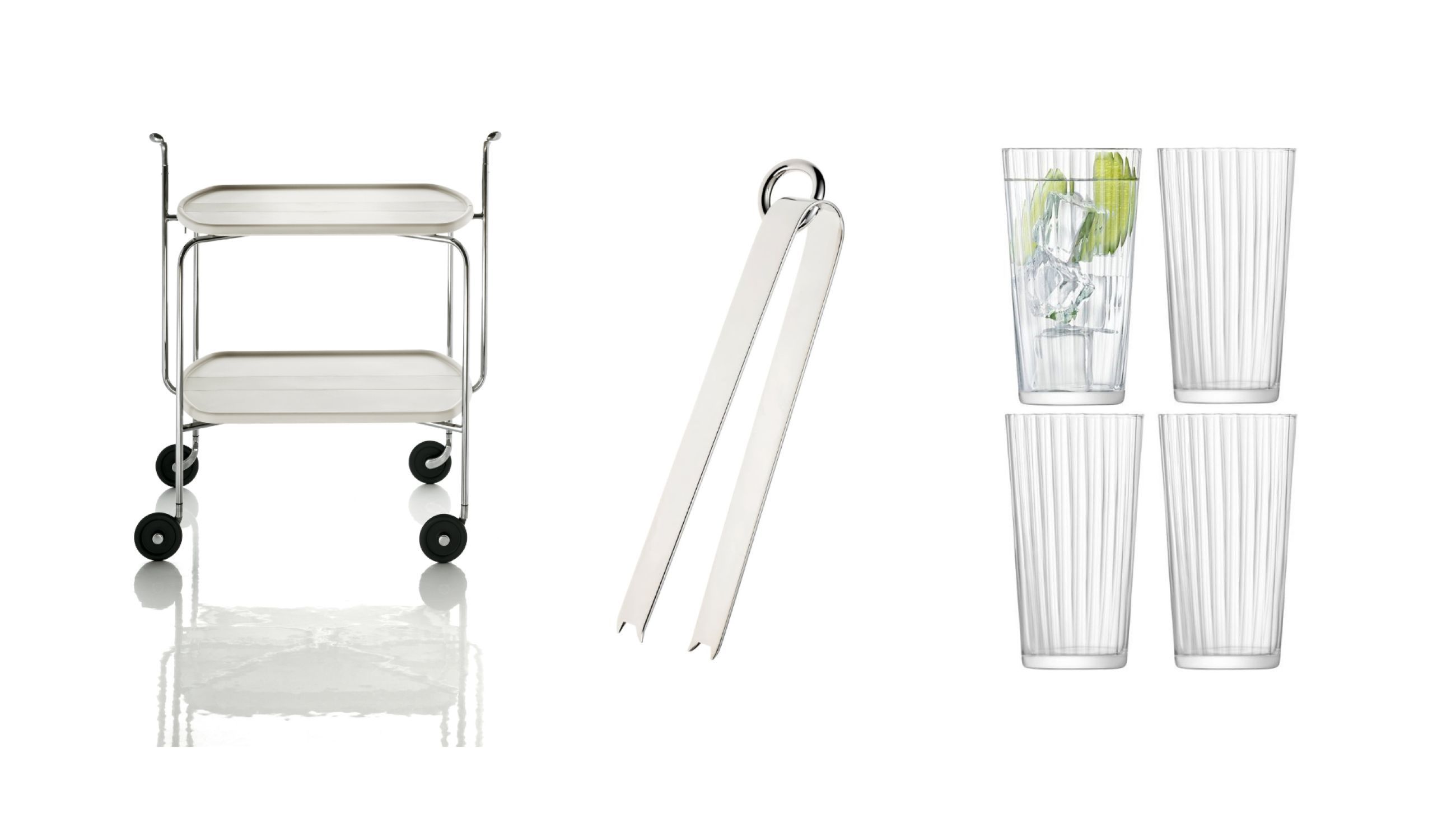 Da sinistra: Carrello Transit di Magis - Courtesy Magis; Pinza Vertigo di Christofle - Courtesy Christofle; LSA International Gio Line Juice Glass - Courtesy LSA International
