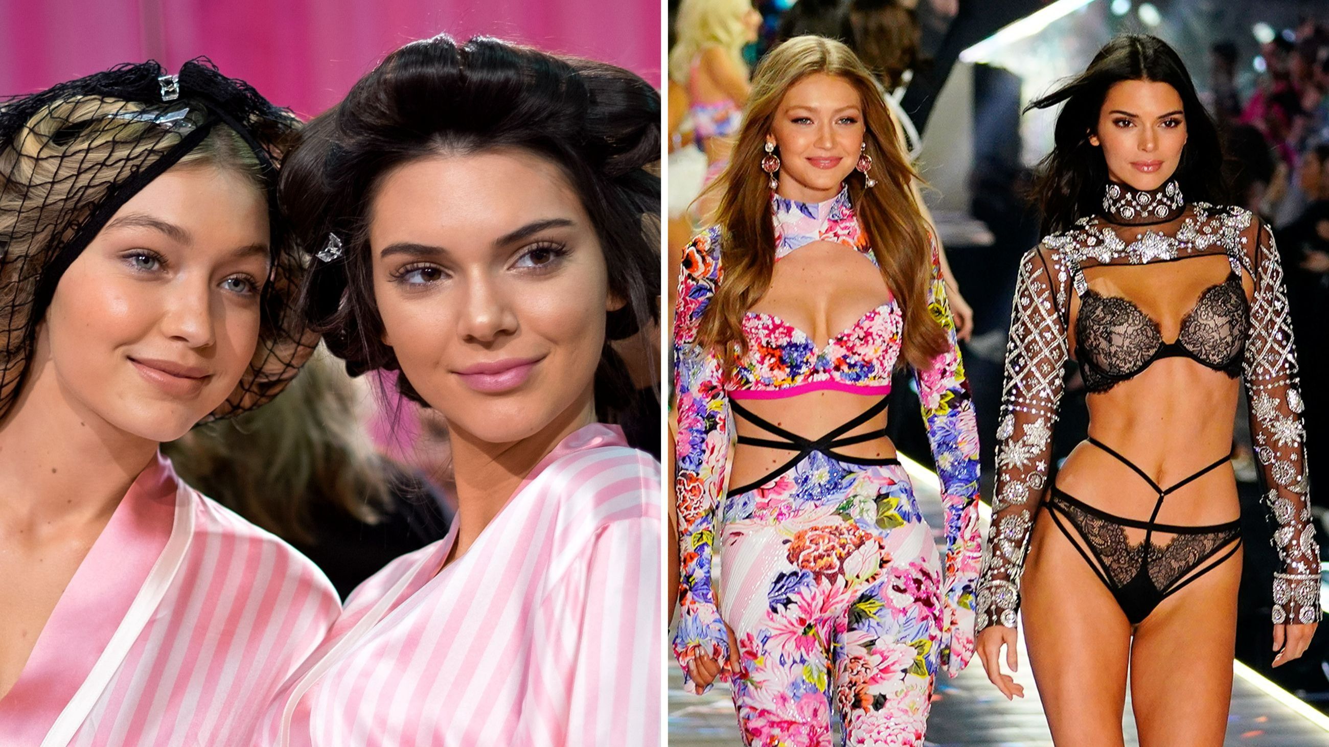 A sinistra, Gigi Hadid e Kendall Jenner nel backstage del Victoria’s Secret Fashion Show 2015 al Lexington Armory di New York City; a destra, le due amiche top model durante la sfilata del brand americano nel 2018 al Pier 94; New York City - Credits: Getty Images