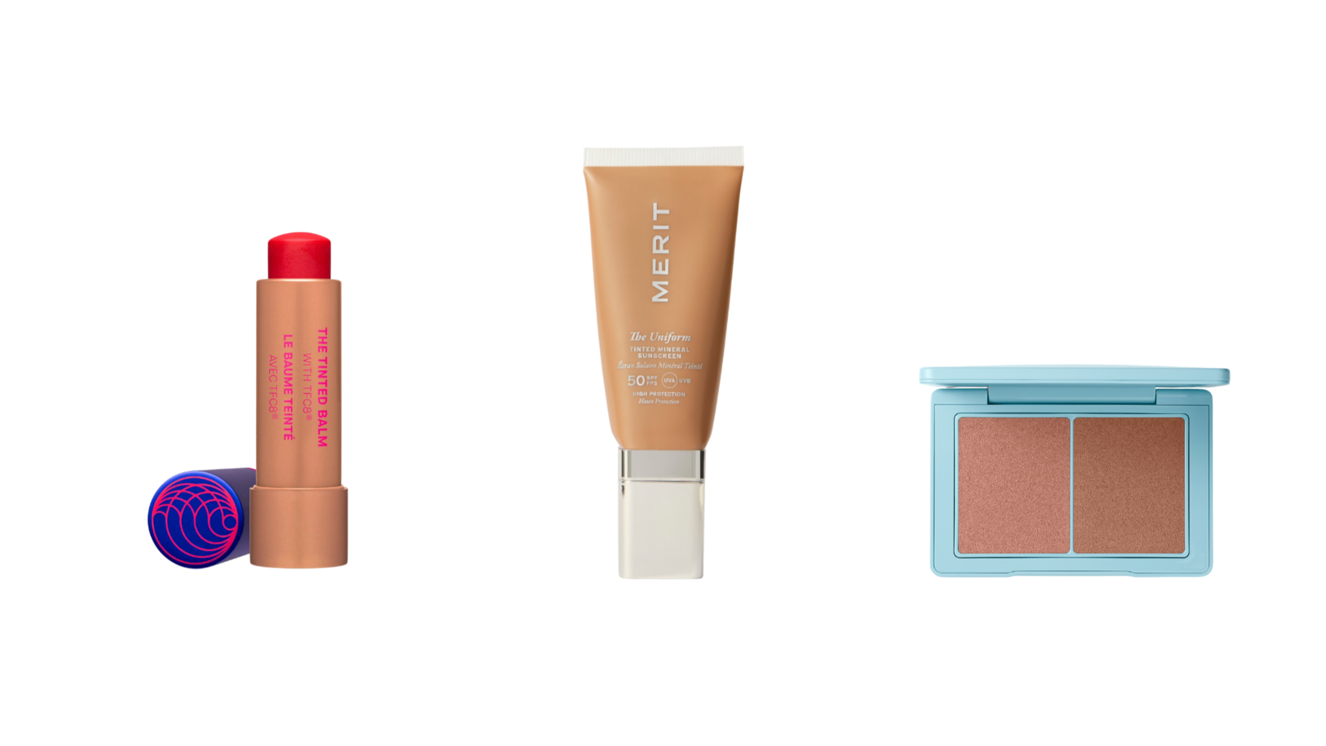 Da sinistra: Augustinus Bader, The Tinted Lip Balm; Merit Beauty, The Uniform Tinted SPF50; Westman Atelier, Sun Tone Soleil Parfait Bronzer - Courtesy Press Office