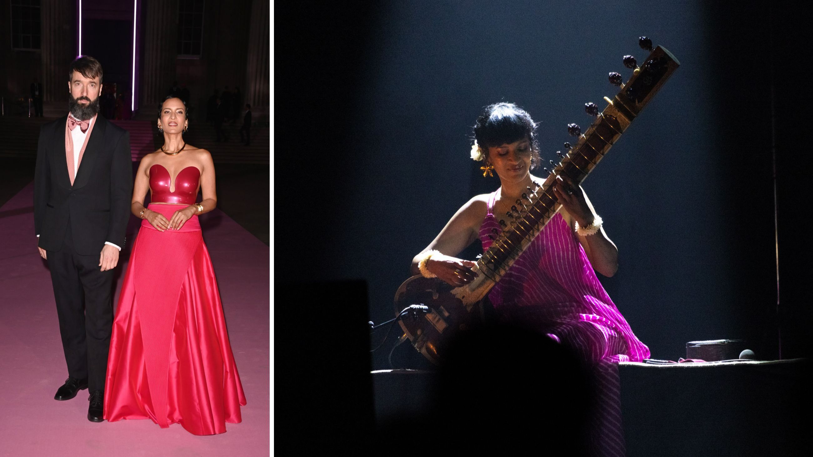 Da sinistra, Anoushka Shankar con Jules Buckley sul carpet e poi Anoushka mentre sta suonando il sitar - Credits: Getty Images