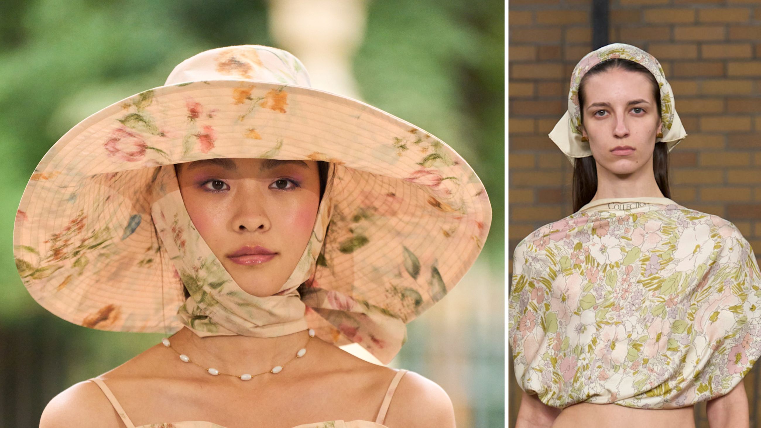 I dettagli fanno la differenza, come i cappelli che profumano di fiori e campagna. Dalle sfilate PE26: da sinistra Luisa Beccaria; Calvin Klein - Credits: Launchmetrics.com/Spotlight