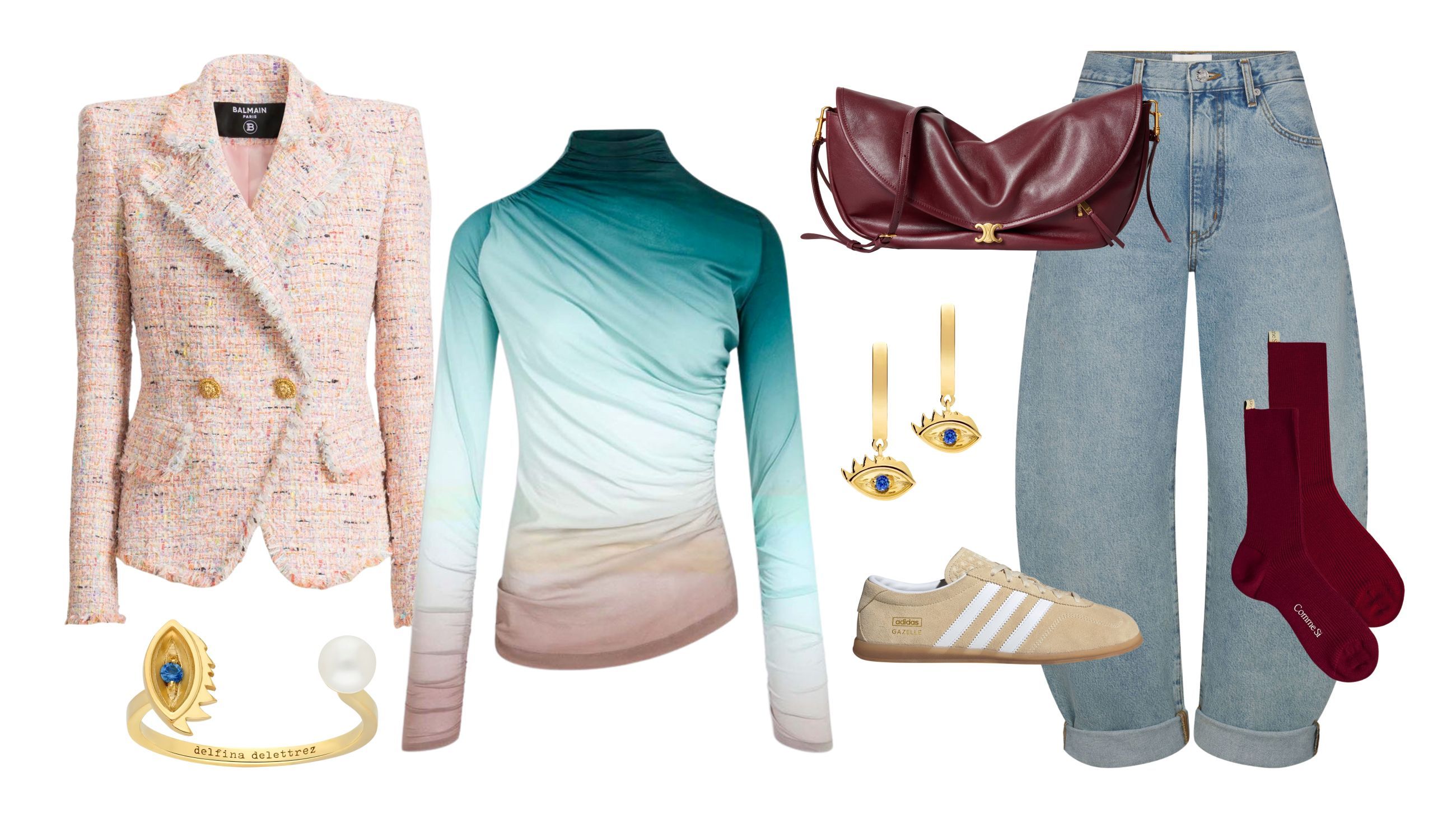 Blazer, Balmain; dolcevita, Erika Cavallini; jeans, Frame; calze, Comme Si; scarpe, Adidas Originals; borsa, Celine; orecchini e anello, Delfina Delettrez