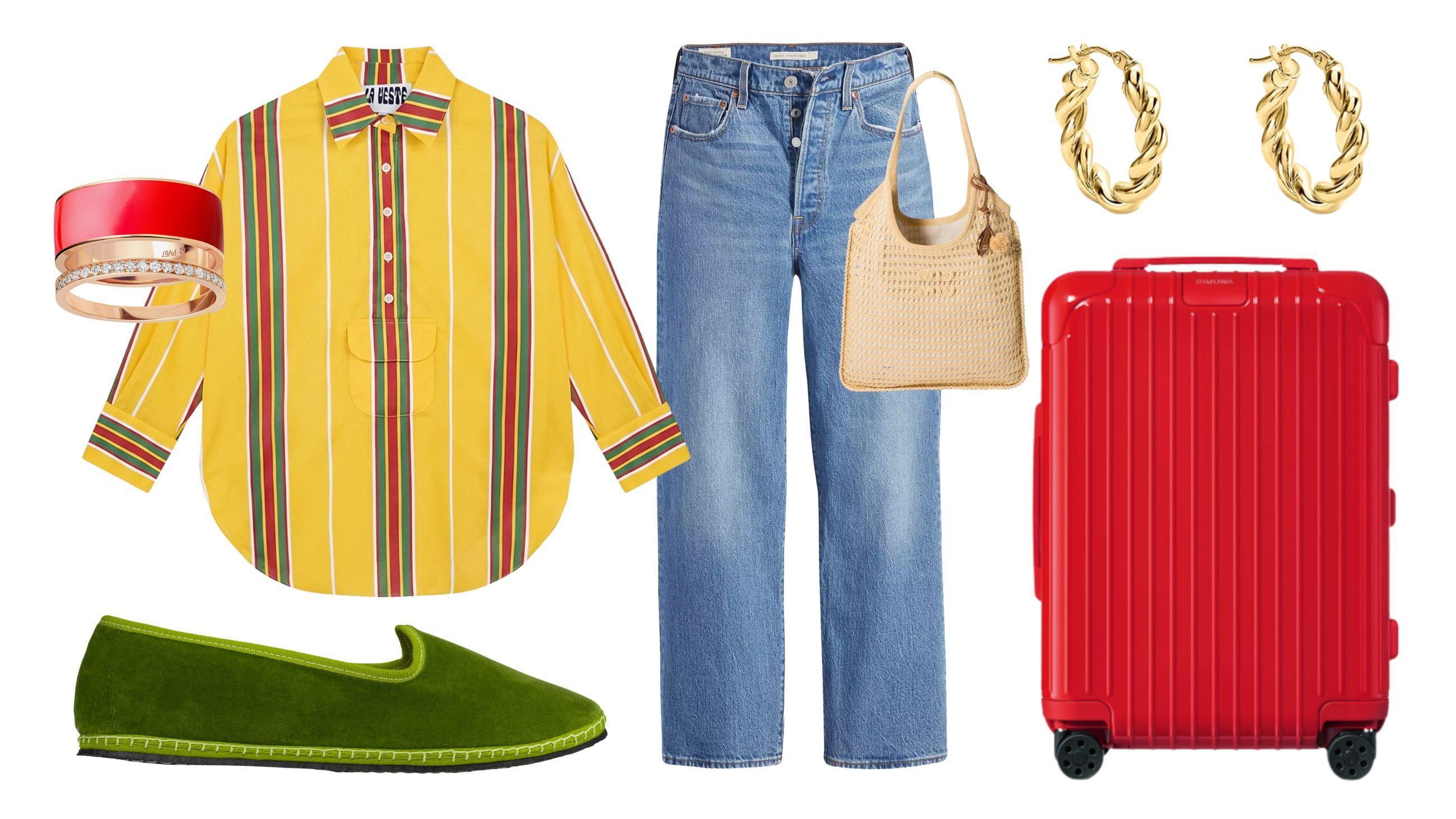 Camicia, La Veste; jeans, Levi’s; friulane, Vibi Venezia; borsa, Miu Miu; orecchini, Stroilli; anello, Repossi; trolley, Rimowa