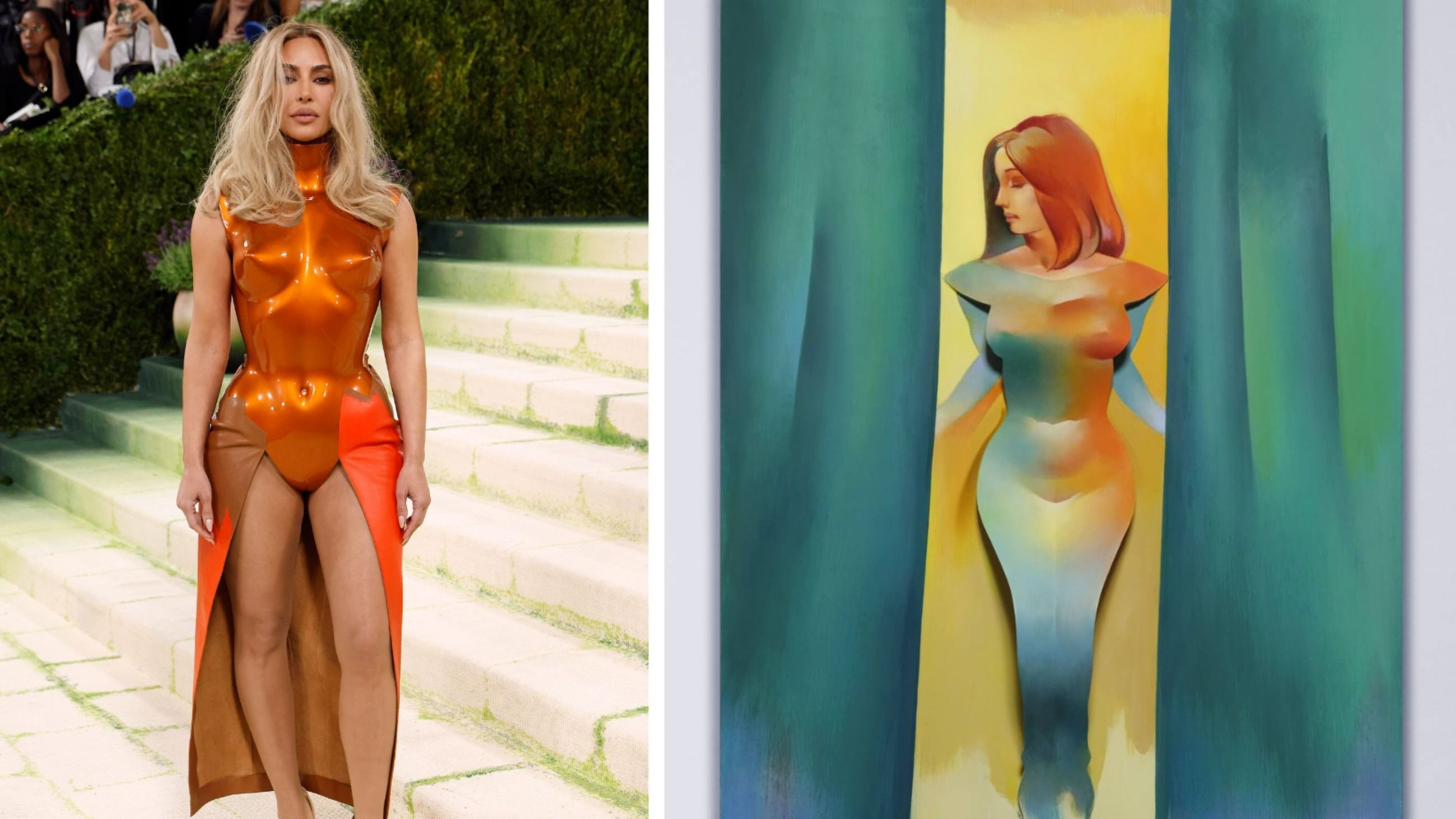 A sinistra: Kim Kardashian al Met Gala 2026 - Credits Getty Images; a destra: Outstanding, Allen Jones, 2024