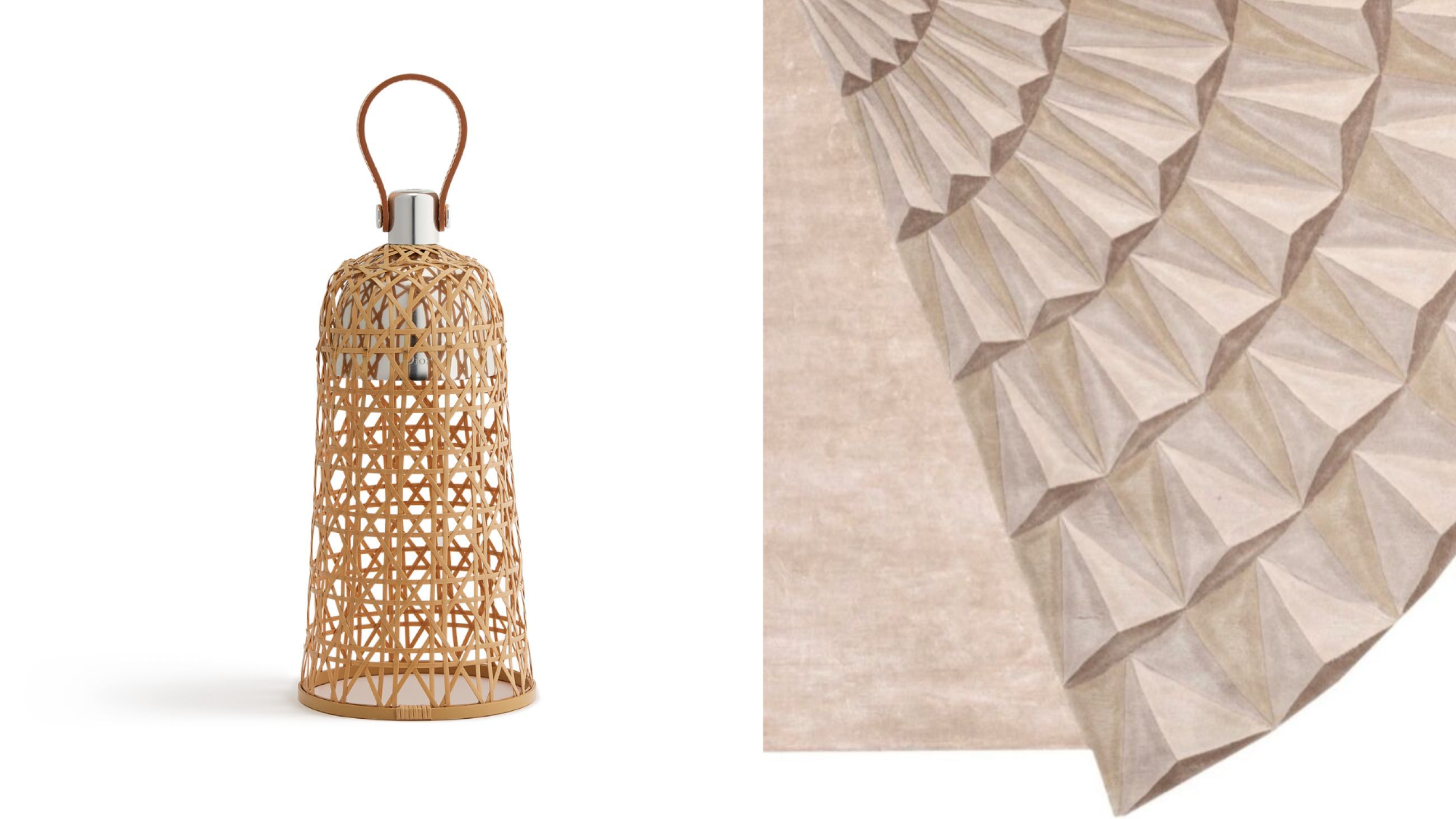 Da sinistra: Corolle Lighting, Noé Duchaufour-Lawrance, Dior Maison - Courtesy con Dior Maison; Pliage Rug, Bruno Tarsia, Illulian - Courtesy con Illulian