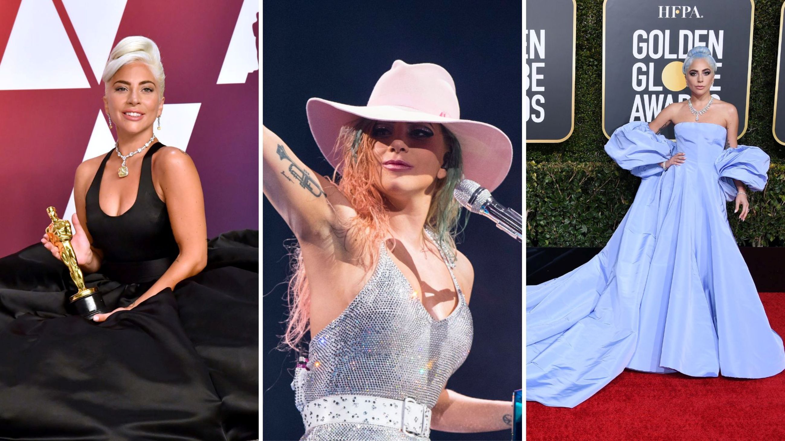 Lady Gaga posa con il premio per la Miglior Canzone Originale per “Shallow” nella sala stampa durante l’evento a Hollywood and Highland il 24 febbraio 2019 a Hollywood, California; Lady Gaga si esibisce sul palco durante il “Joanne World Tour” di Lady Gaga alla Little Caesars Arena il 7 novembre 2017 a Detroit, Michigan; Lady Gaga partecipa alla 76ª edizione dei Golden Globe Awards al Beverly Hilton Hotel il 6 gennaio 2019 a Beverly Hills, California - Credits: Getty Images