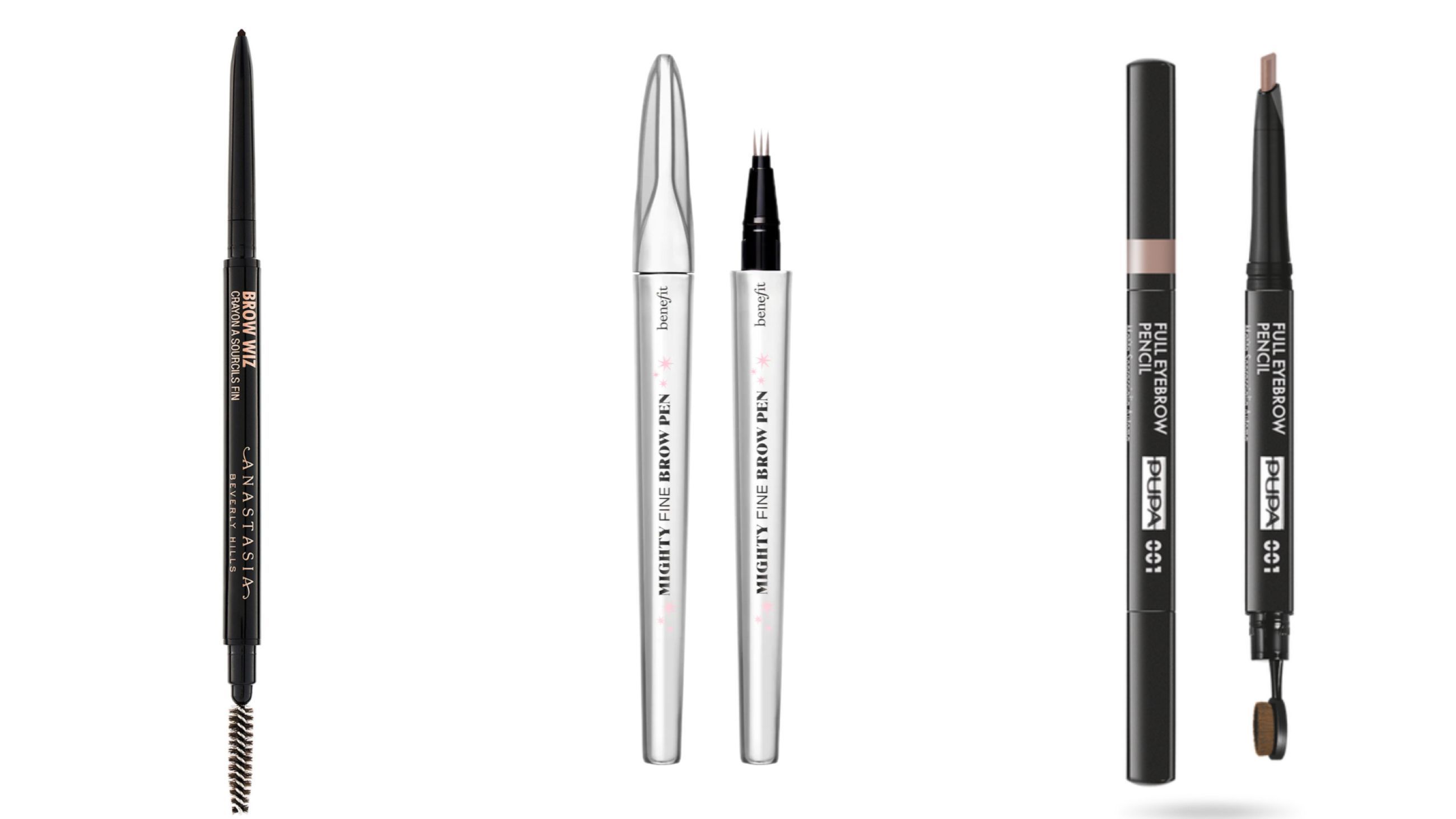 Da sinistra: Anastasia Beverly Hills, Brow Wiz; Benefit, Mighty Fine Brow Pen; Pupa Milano, Full Eye Brow Pencil - Courtesy Press Office