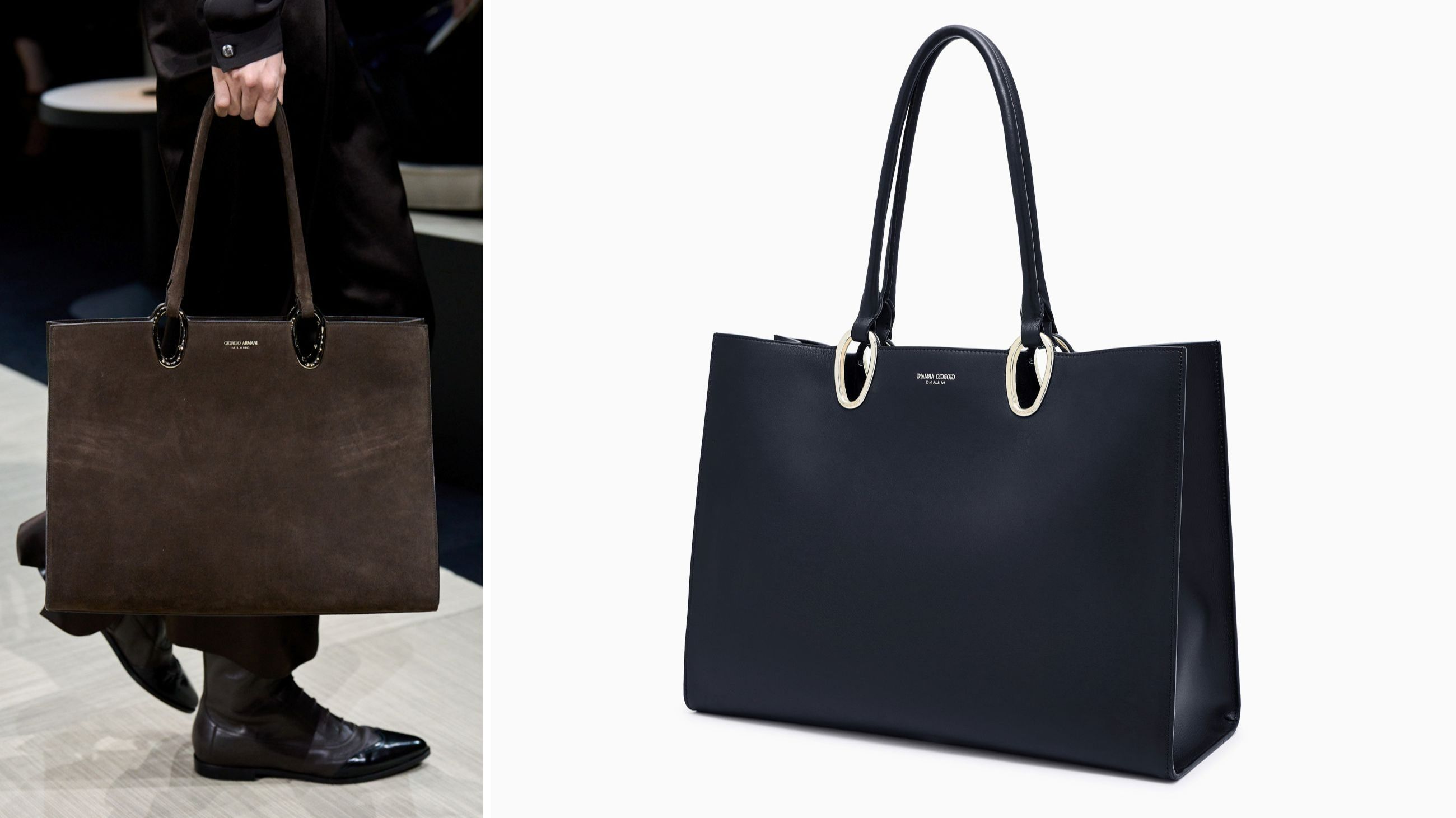 A sinistra, dalla sfilata di Giorgio Armani FW2526 un modello di Borsa shopper media in suede nella nuance del marrone e, a destra, la stessa versione in pelle liscia nera – Credits: Launchmetrics.com/Spotlight, Ufficio Stampa e sito www.giorgioarmani.it