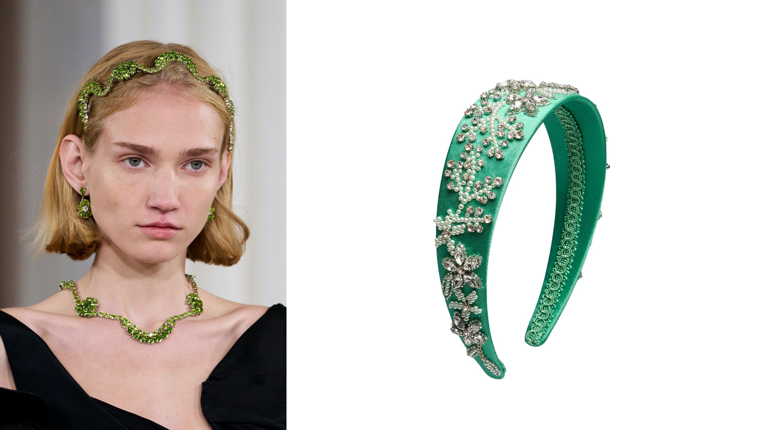 Da sinistra: Simone Rocha, sfilata PE26 - Credits: Launchmetrics.com/Spotlight; cerchietto con cristalli, Erdem