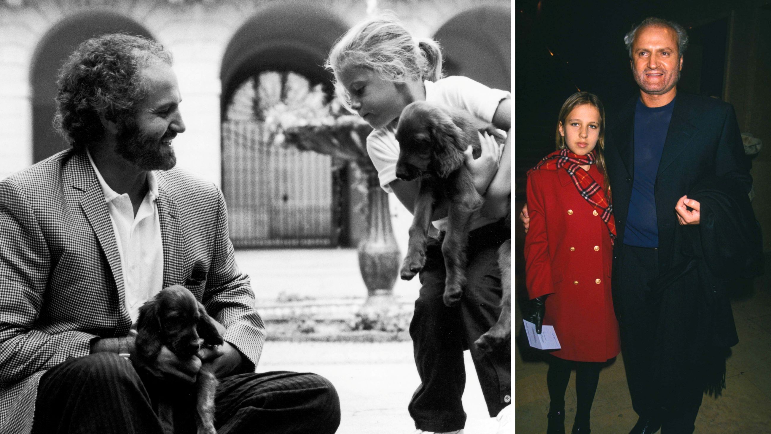 A sinistra, Gianni Versace insieme alla nipote Francesca mentre giocano con alcuni cuccioli, nel 1986; a destra, con la nipote Allegra nel 1991; Credits: Getty Images