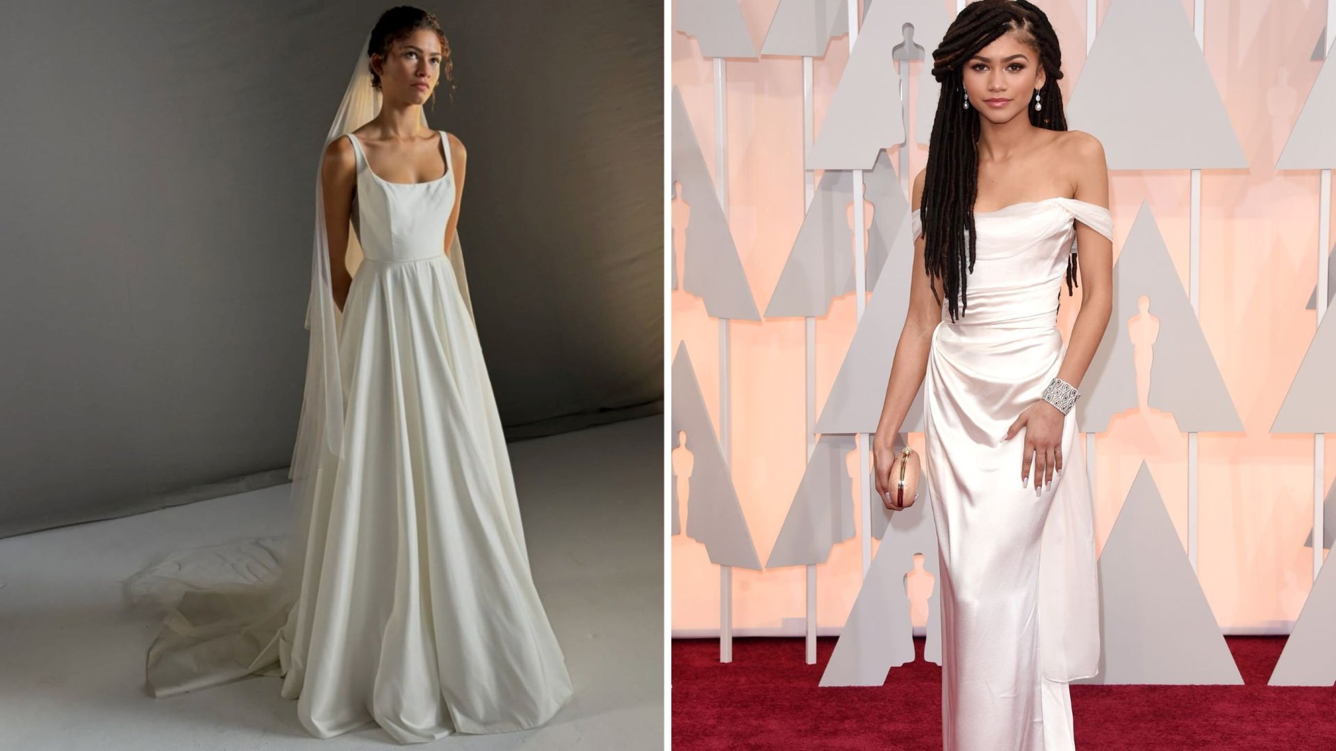 Zendaya con l’abito da sposa nel film “The Drama”; Zendaya agli Oscar 2015 - Credits: Immagini tratte dal profilo Instagram di Zendaya; Getty Images