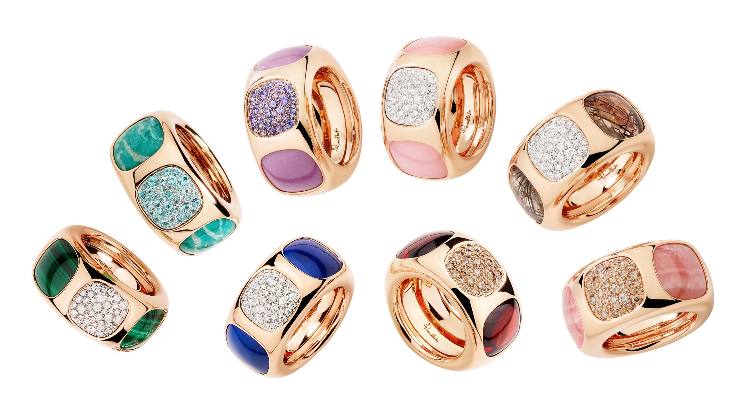 I modelli della Capsule Collection Bisanzio di Pomellato: da sinistra in senso orario, anello in oro rosa con malachiti e diamanti, anello in oro rosa con crisoprasio e tormaline paraiba, anello in oro rosa con fosfosideriti e zaffiri viola, anello in oro rosa con opali rosa e diamanti, anello in oro rosa con quarzo rutilato e diamanti bianchi, anello in oro rosa con Rodocrosite e diamanti brown, anello in oro rosa con granati piropo e diamanti brown, anello in oro rosa con lapislazzuli e diamanti - Credits: Ufficio Stampa