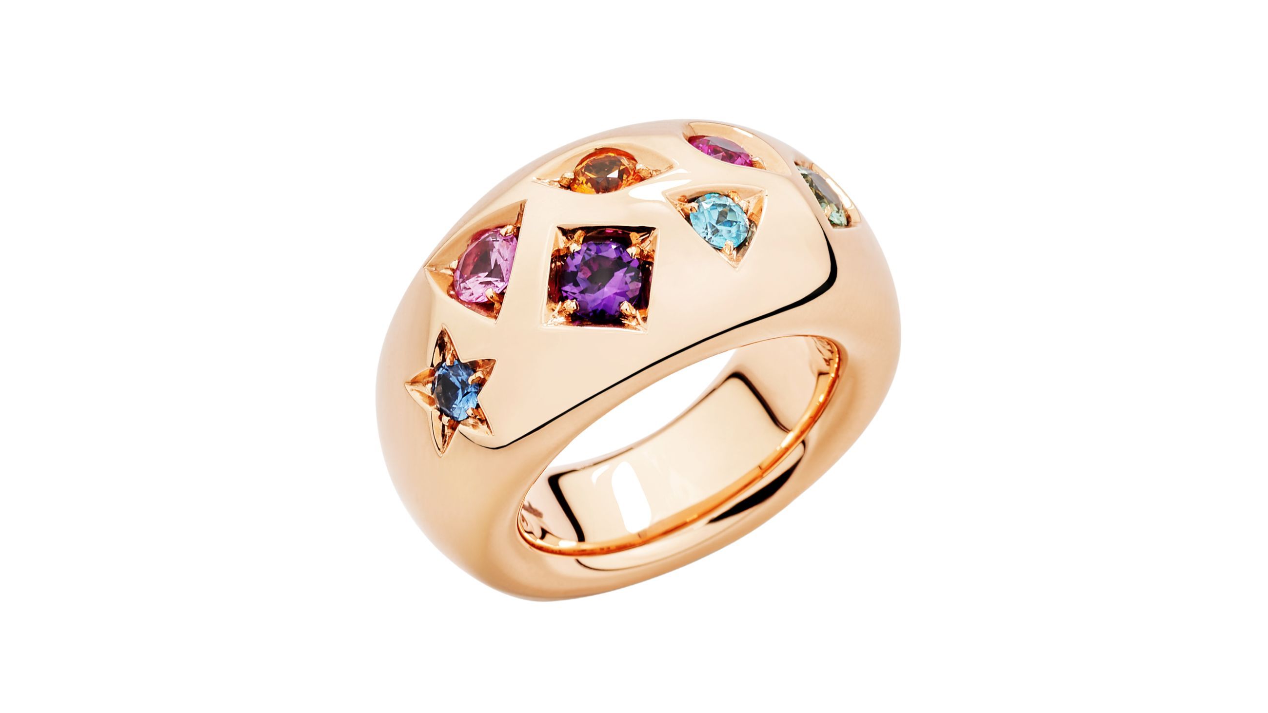 Anello in oro rosa con zaffiri rosa, blu, arancio e verde, ametista, rubino e zircone; Collezione Iconica, Pomellato - Credits: Ufficio stampa