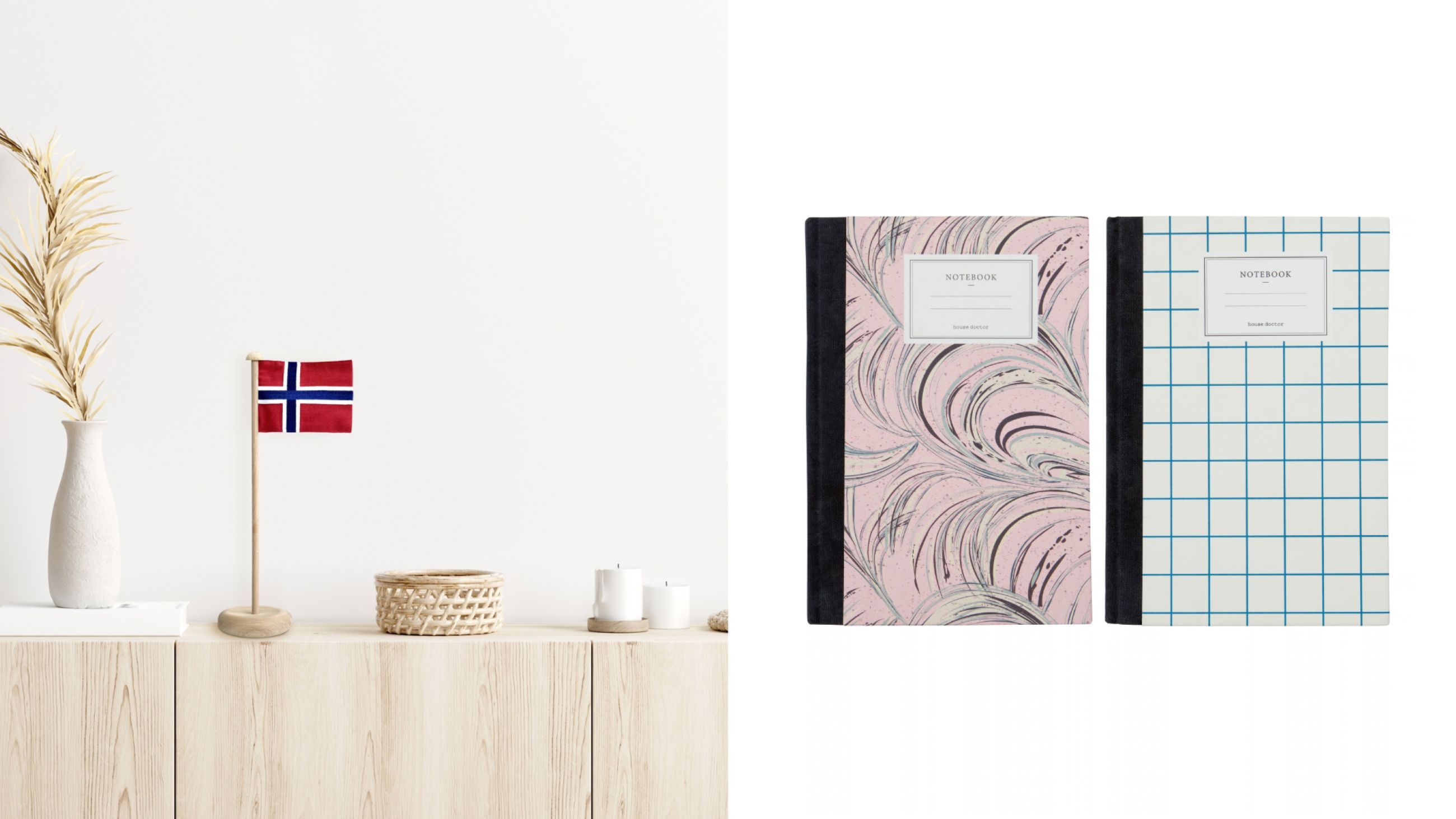 Da sinistra: Table Flag Decorazione Norvegese di Novoform disegnata da Kristian Jakobsen - Courtesy Novoform; Taccuino con motivo marmorizzato, HDNote di House Doctor - Courtesy House Doctor