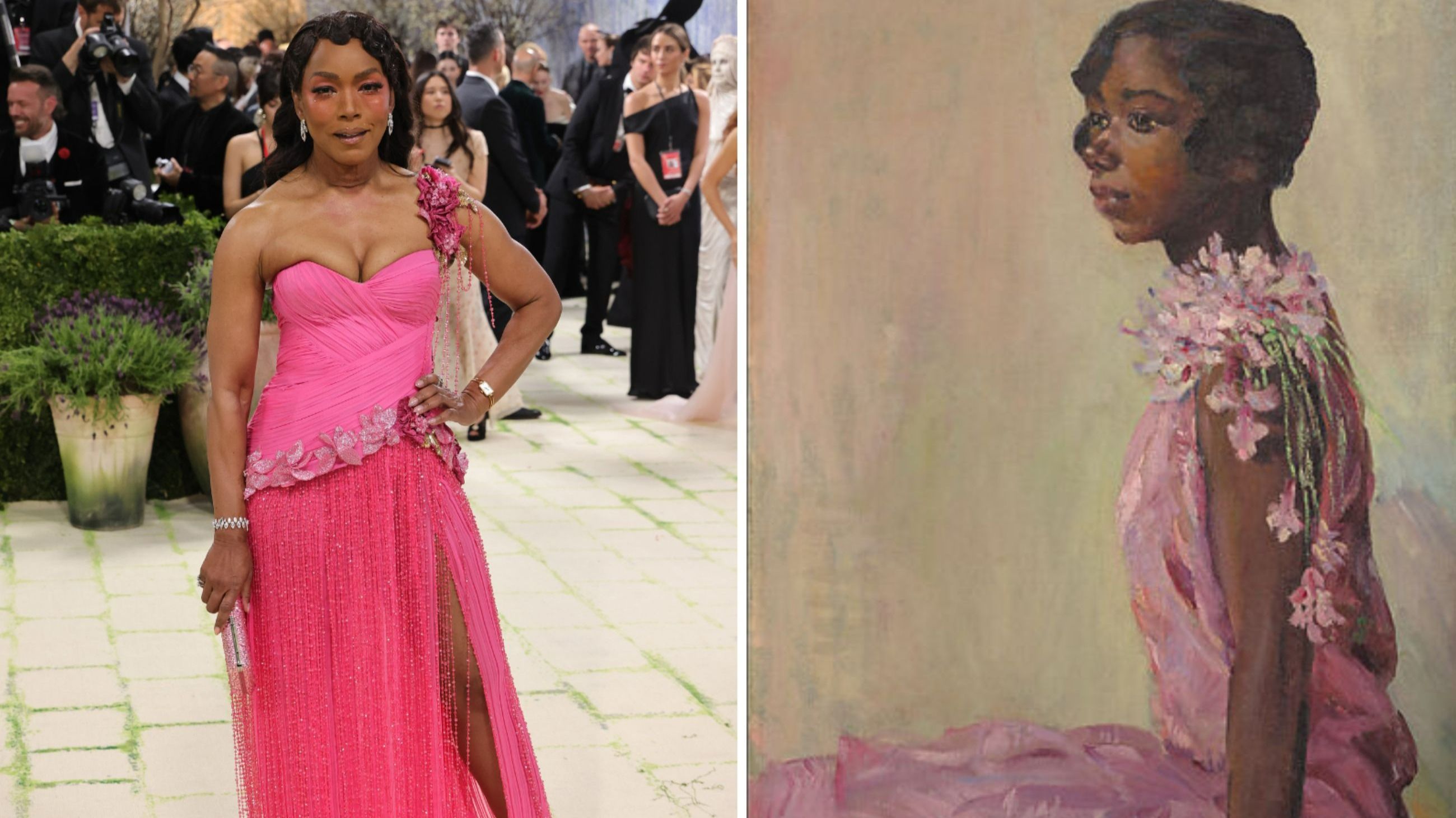 A sinistra: Angela Bassett al Met Gala 2026 - Credits Getty Images; a destra: Girl in a Pink Dress di Laura Wheeler Waring, 1927