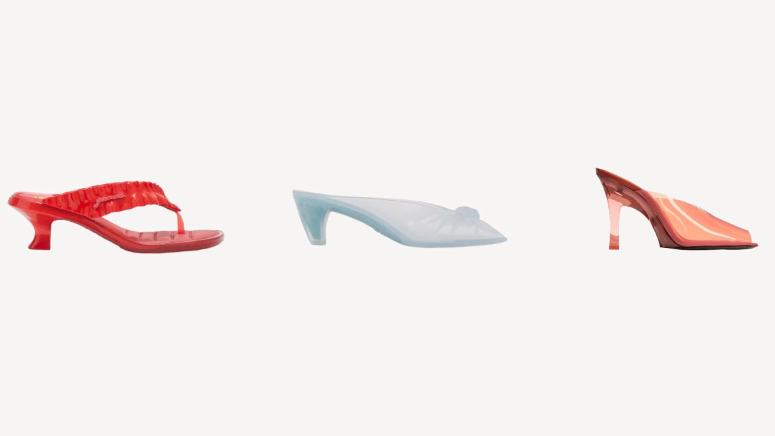 Da sinistra: sandali jelly Gianni x Melissa, Chloé, Saint Laurent - Credits: Courtesy Press Office