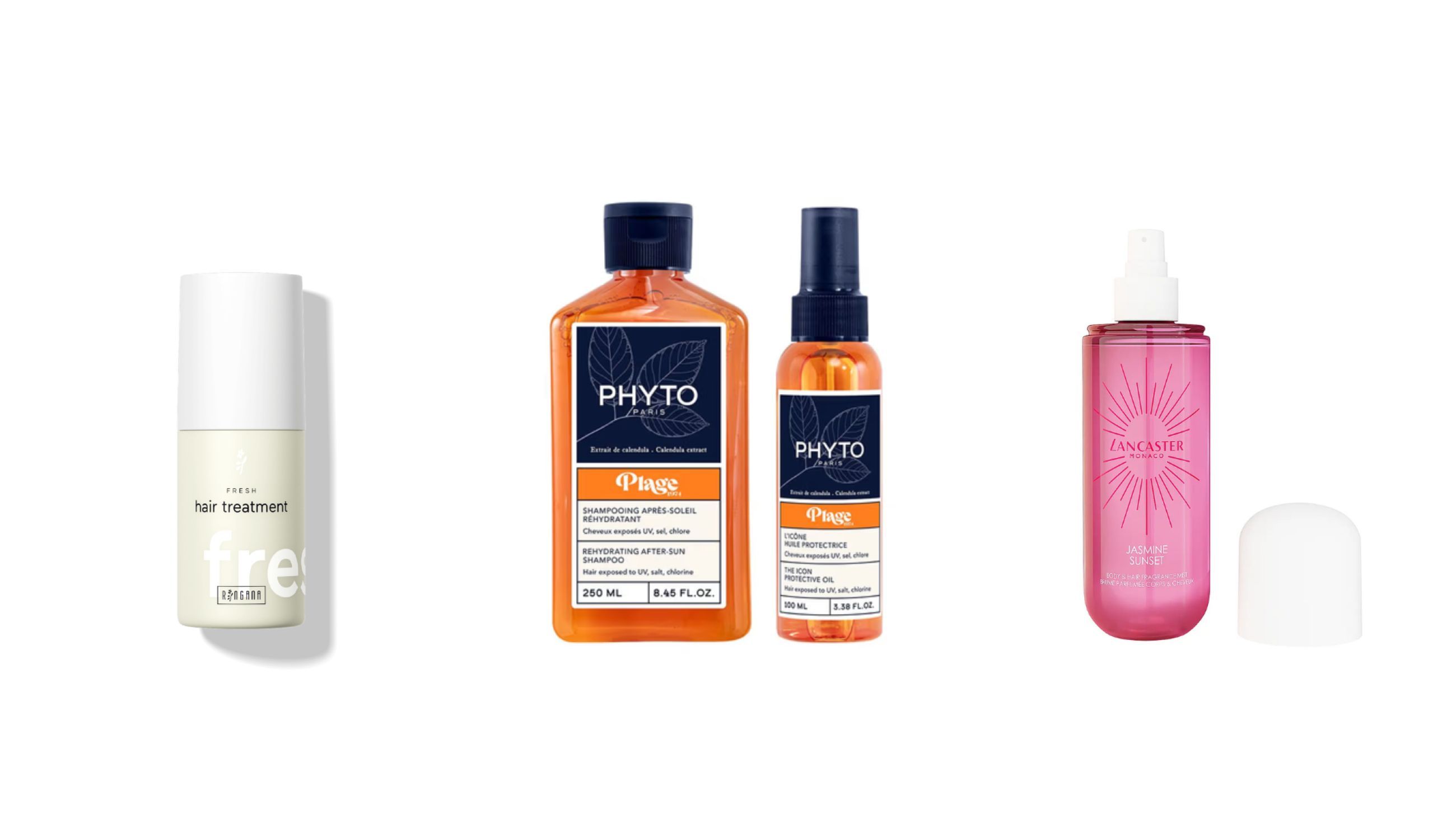 Da sinistra: Ringana Fresh Hair Treatment; Phyto Plage Shampoo Doposole Reidratante; Lancaster Jasmine Sunset Body & Hair Fragrance Mist - Courtesy Press Office 