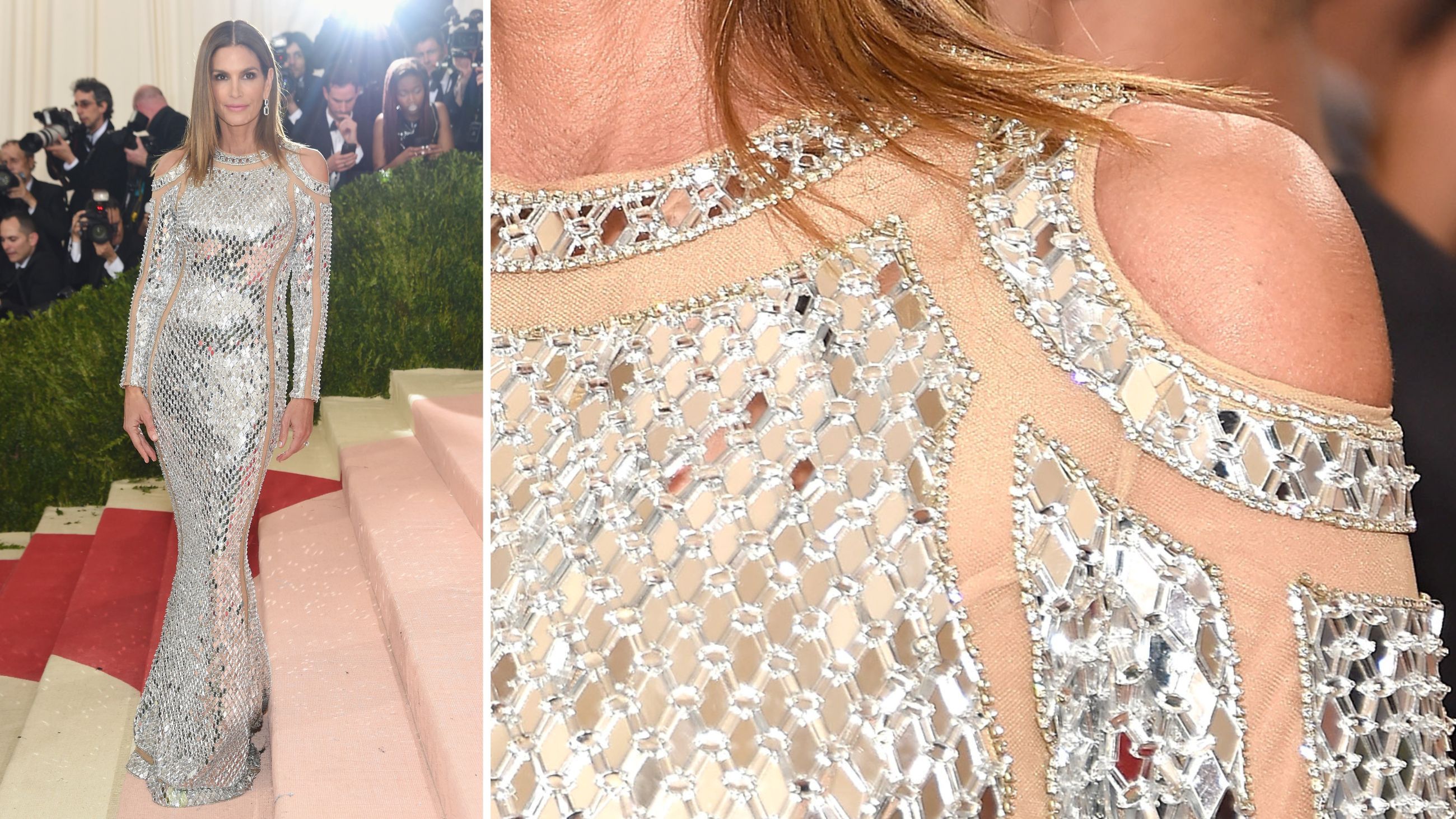 A sinistra, la top model Cindy Crawford sul red carpet del Met Gala 2016 luminosa in una creazione Balmain; a destra, un focus sui tasselli e i cristalli che brillano e sui dettagli cut-out dell’abito - Credits: Getty Images