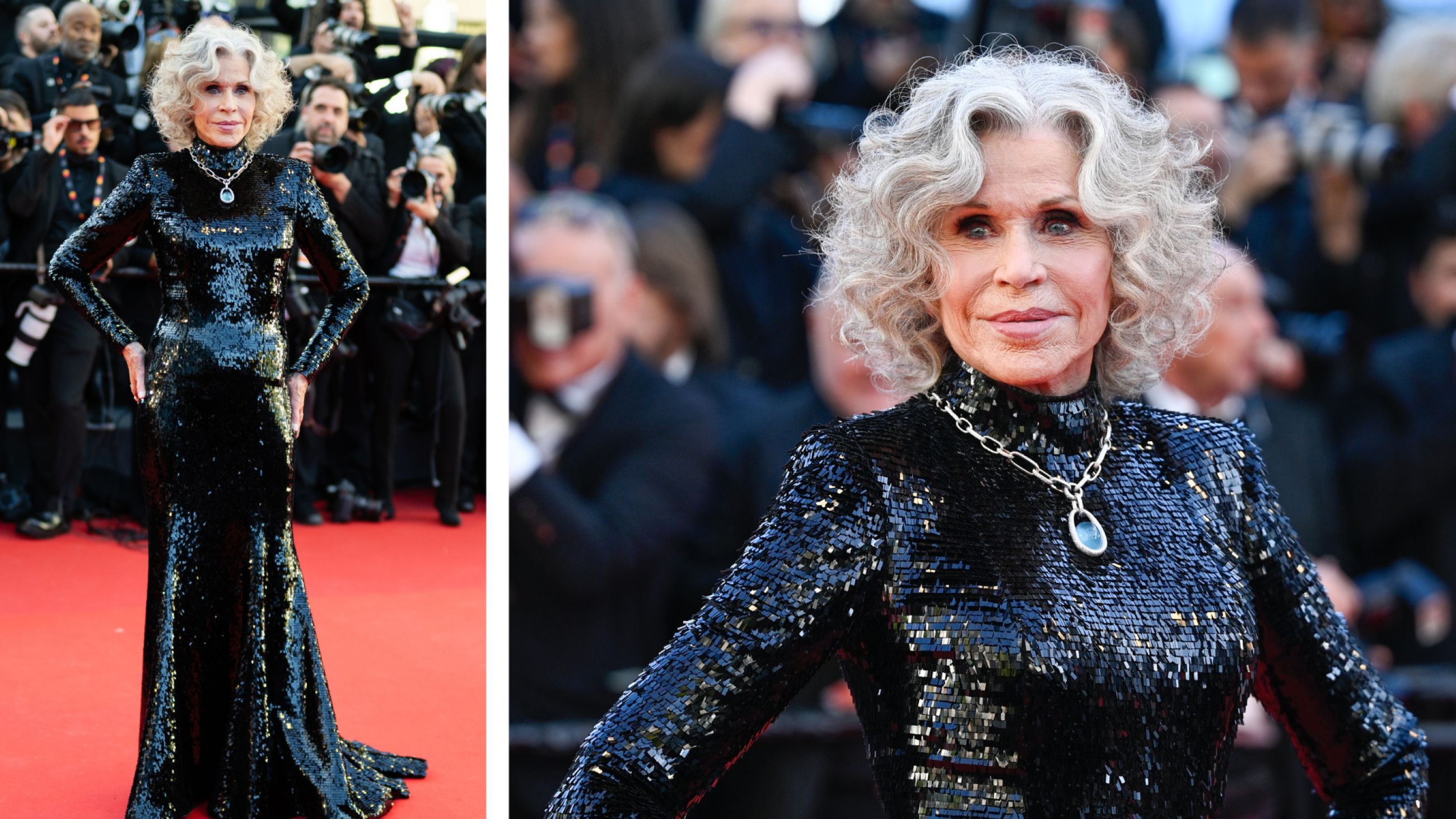 Da sinistra: Jane Fonda partecipa alla cerimonia di apertura e alla proiezione di "La Vénus Electrique" durante la 79ª edizione del Festival di Cannes, 2026; Jane Fonda durante la 79ª edizione del Festival di Cannes, 2026 - Credits Getty Images
