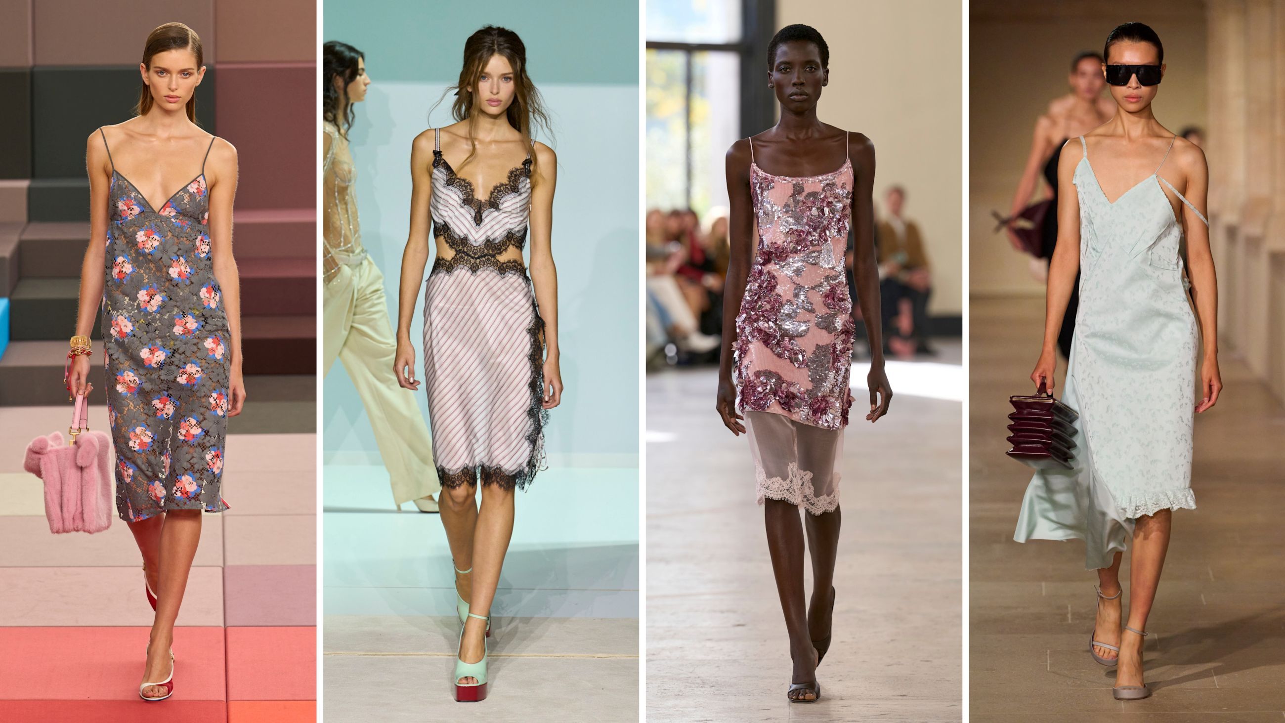 Gli abiti sottoveste longuette sono perfetti per occasioni eleganti in cui è è concesso osare. Dalle collezioni PE26: da sinistra mise Fendi; The Attico; Aje; Victoria Beckham - Credits: Launchmetrics.com/Spotlight