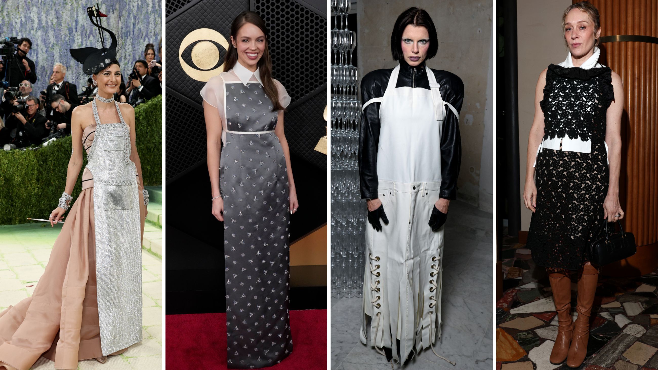 Da sinistra: Giovanna Engelbert partecipa al Met Gala 2026 celebrando la "Costume Art" al Metropolitan Museum of Art il 4 maggio 2026 a New York City; Claudia Sulewski partecipa alla 68ª cerimonia dei GRAMMY Awards il 1° febbraio 2026 a Los Angeles; Julia Fox partecipa alla sfilata di Moda Uomo Shayne Oliver Autunno/Inverno 2026-2027 durante la Paris Fashion Week; Chloë Sevigny partecipa al dopo sfilata di Miu Miu durante la Paris Fashion Week - Credits Getty Images