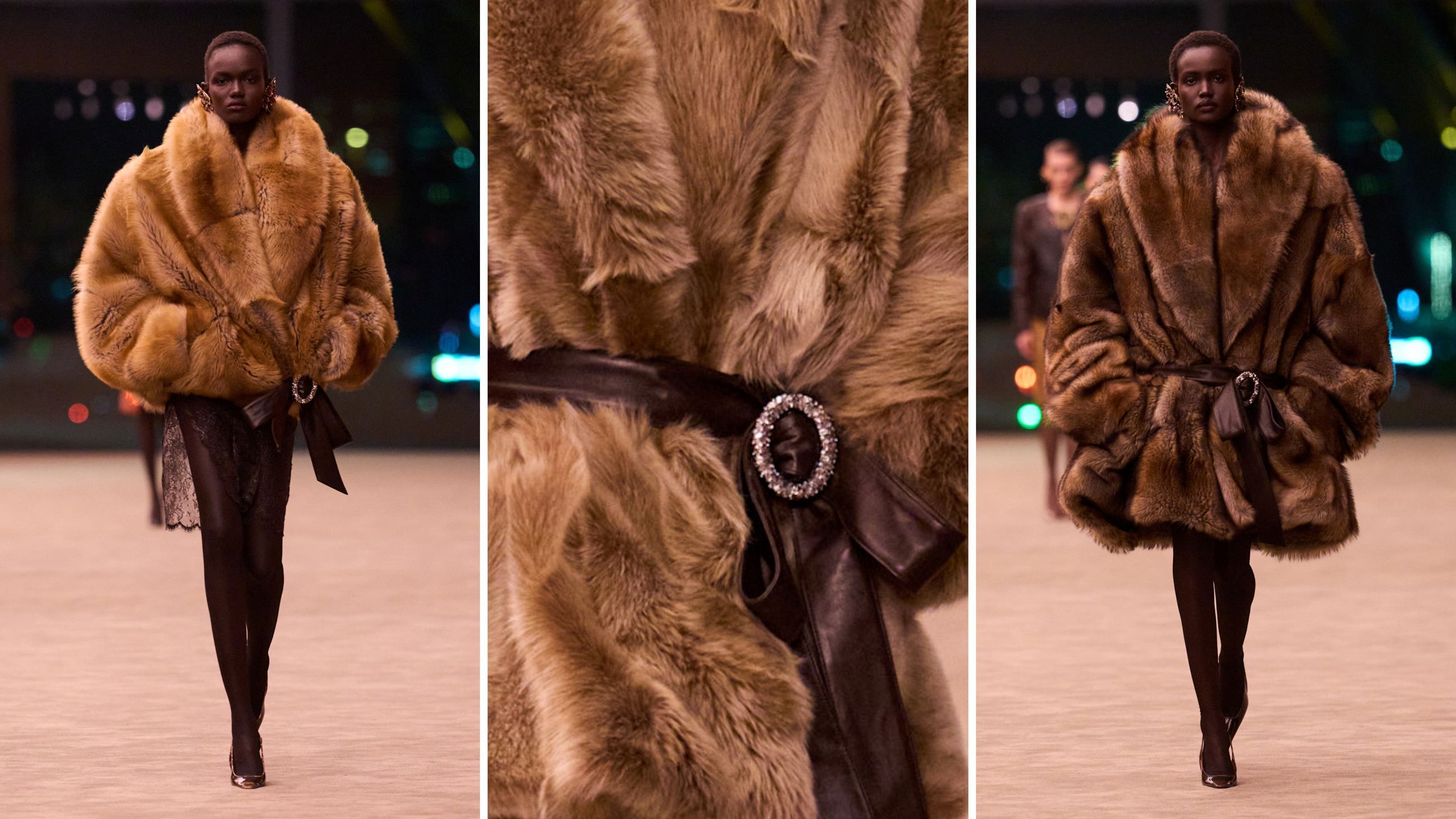 Alcuni outfit che portano in scena le eco-pellicce di Saint Laurent per la prossima stagione fredda; al centro un focus sulla fibbia gioiello della cintura - Credits: Launchmetrics.com/Spotlight 