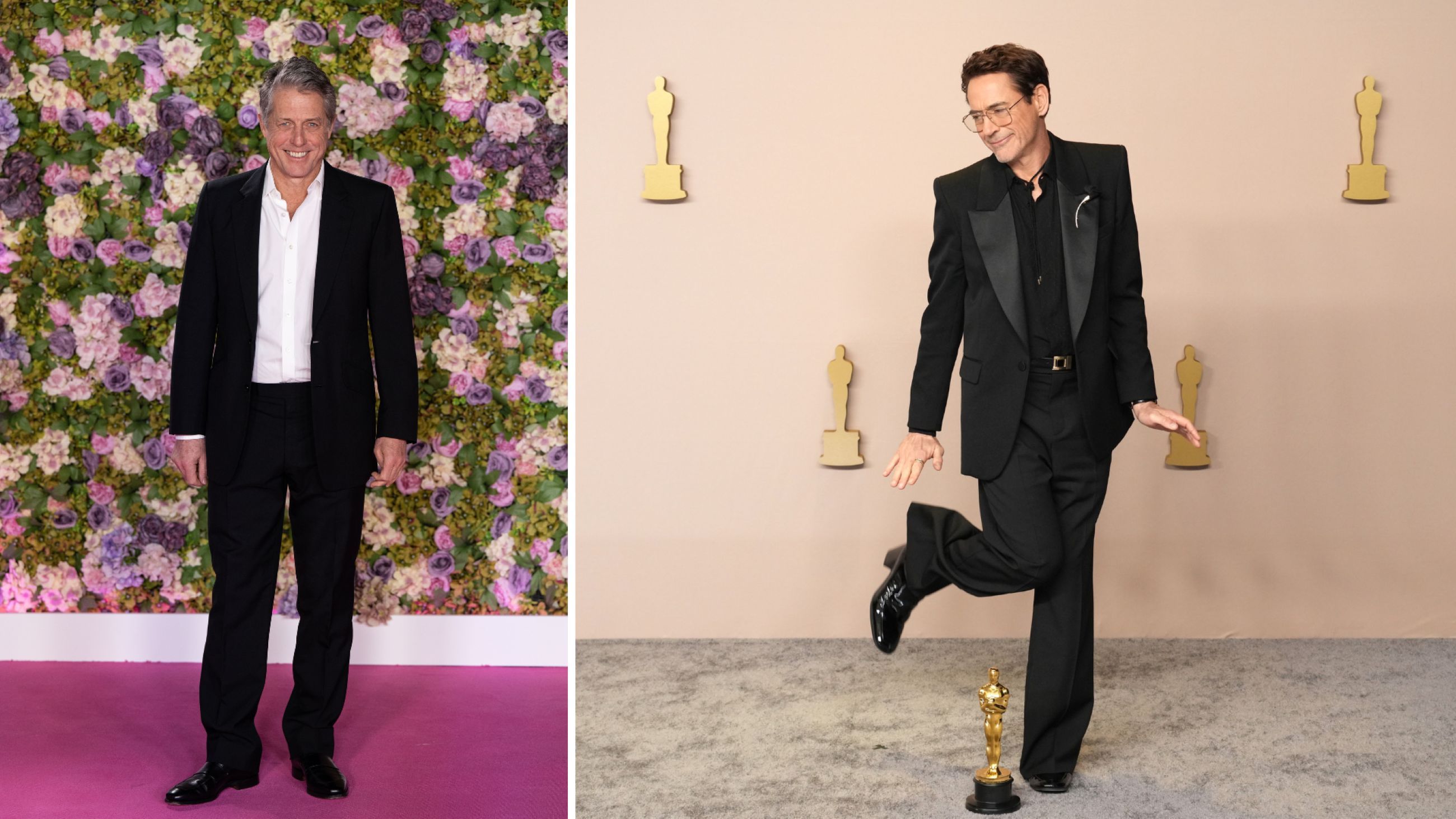 Da sinistra: Hugh Grant alla primière mondiale di "Bridget Jones: Mad About The Boy"; Robert Downey Jr. agli Oscar 2024 - Credits Getty Images