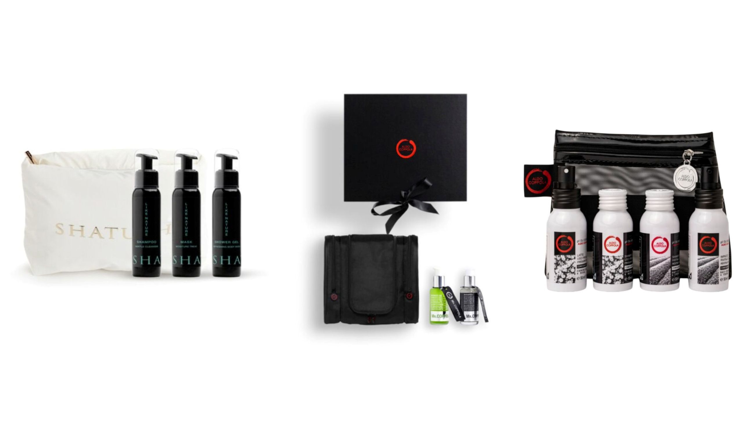 Beauty Kit Travel Like Nature con Pochette Nuvola Shatush; Beauty Kit per Uomo Mr. Coppola Travel; Kit regalo Pochette Travel Oli Essenziali - Credits: Courtesy Press Office