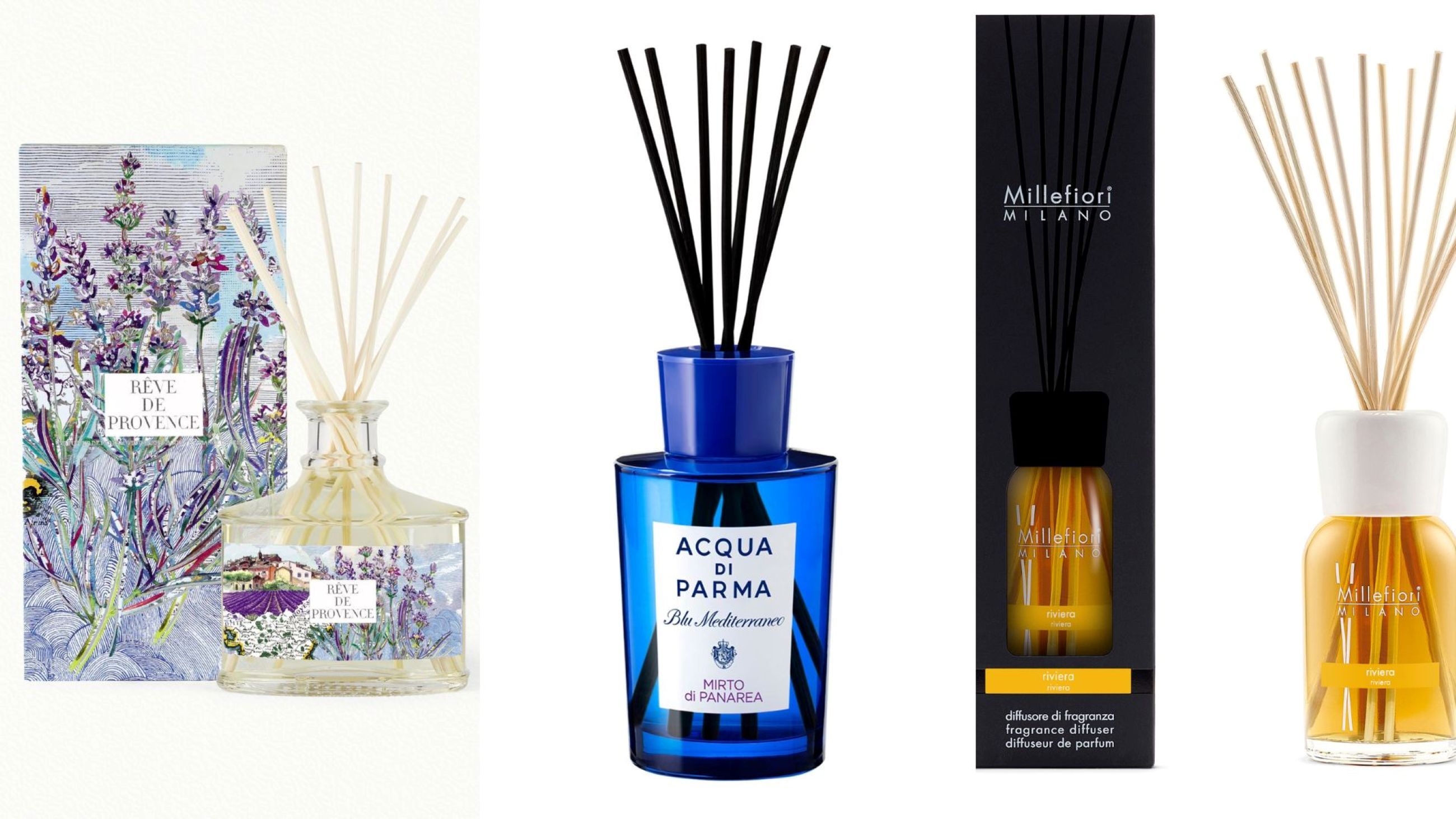Fragonard, Diffusore Rêve de Provence; Acqua di Parma, Blu Mediterraneo Mirto di Panarea Diffusore; Millefiori Milano, Diffusore Riviera - Credits: Courtesy Press Office