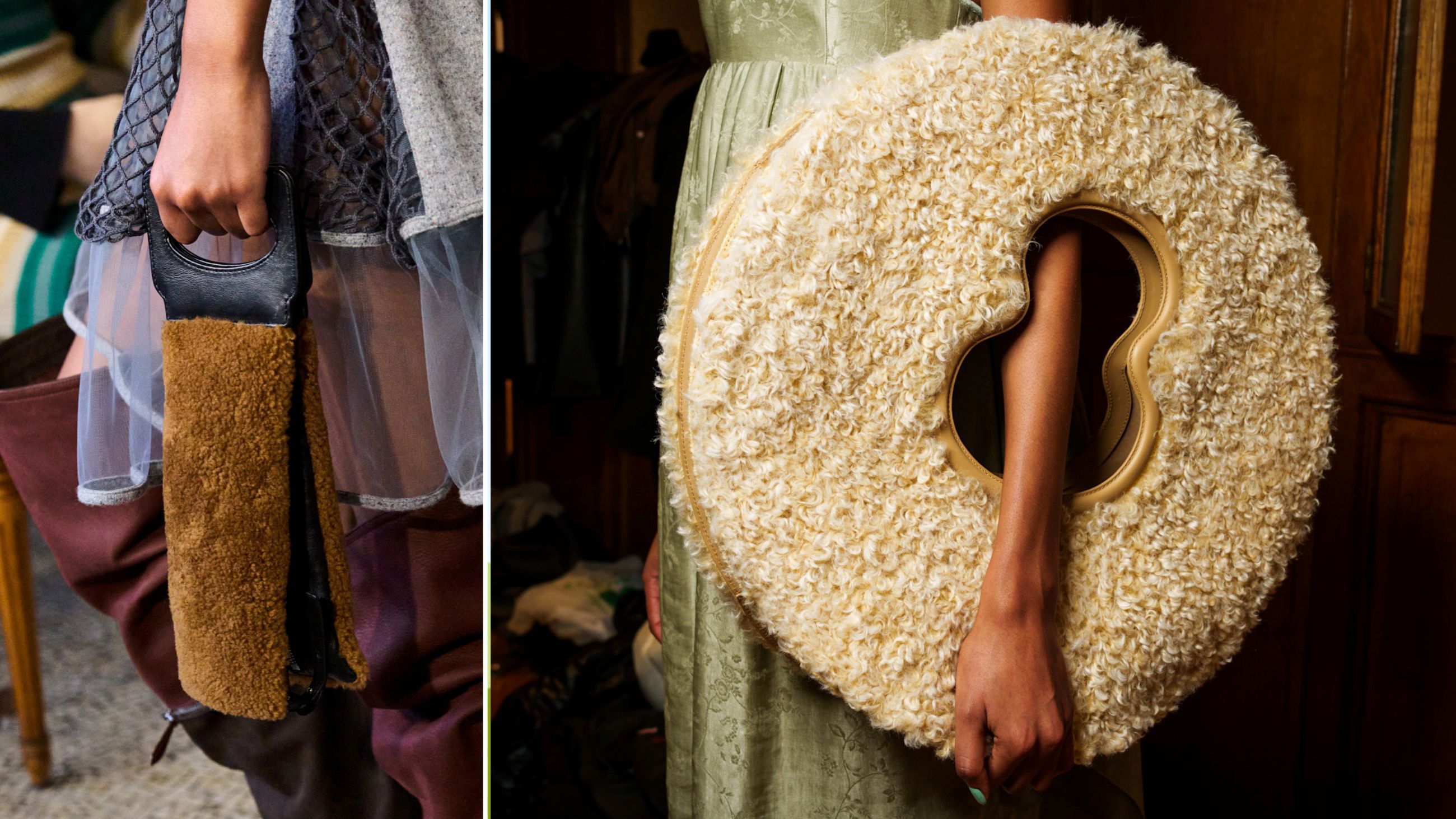 Da sinistra, borse in montone di Kiko Kostadinov e Sarawong, dalle sfilate FW2526 - Credits: Launchmetrics.com/Spotlight