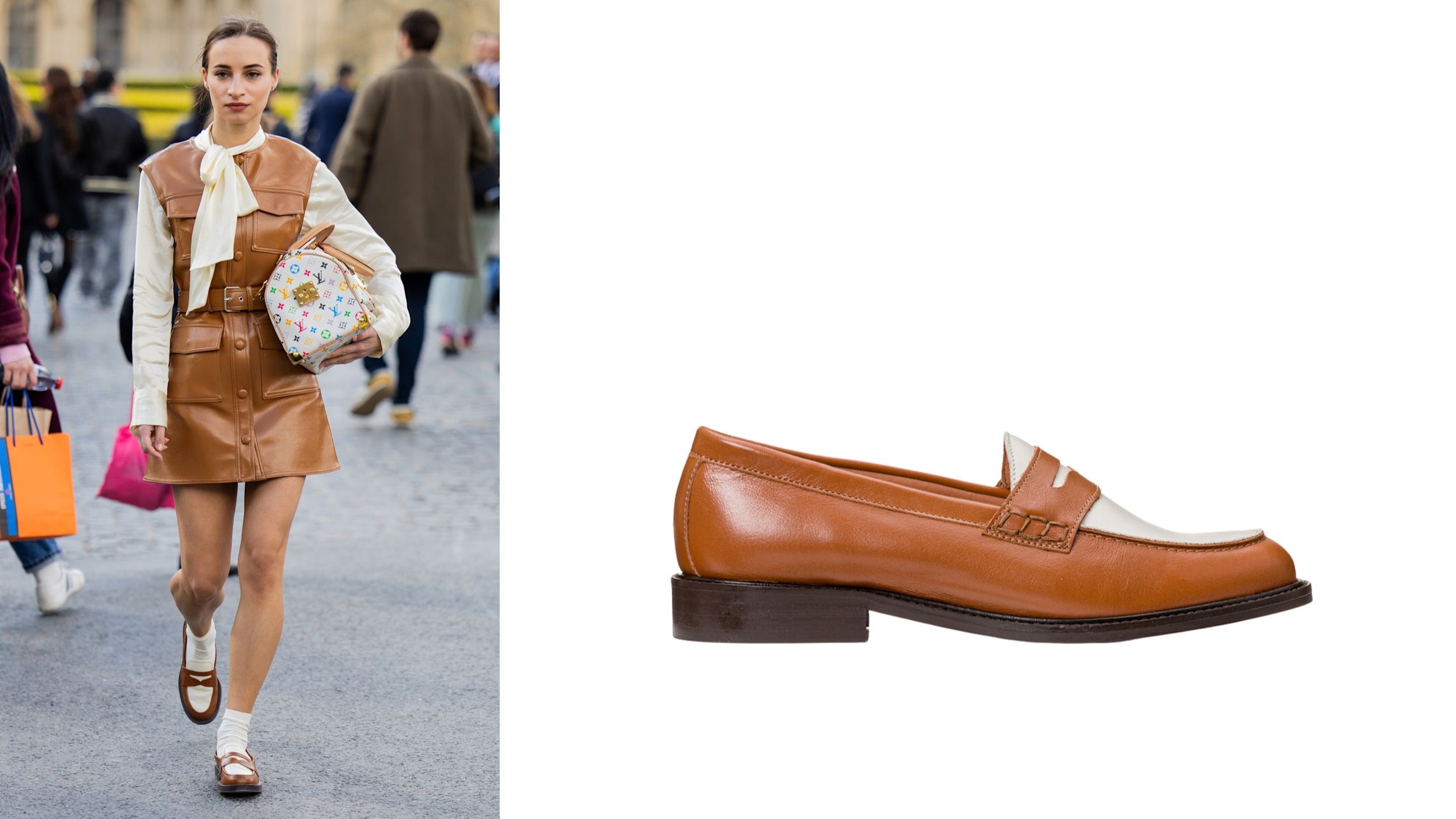 Da sinistra, credits: street style, credits Getty; mocassino bicolor, La Redoute