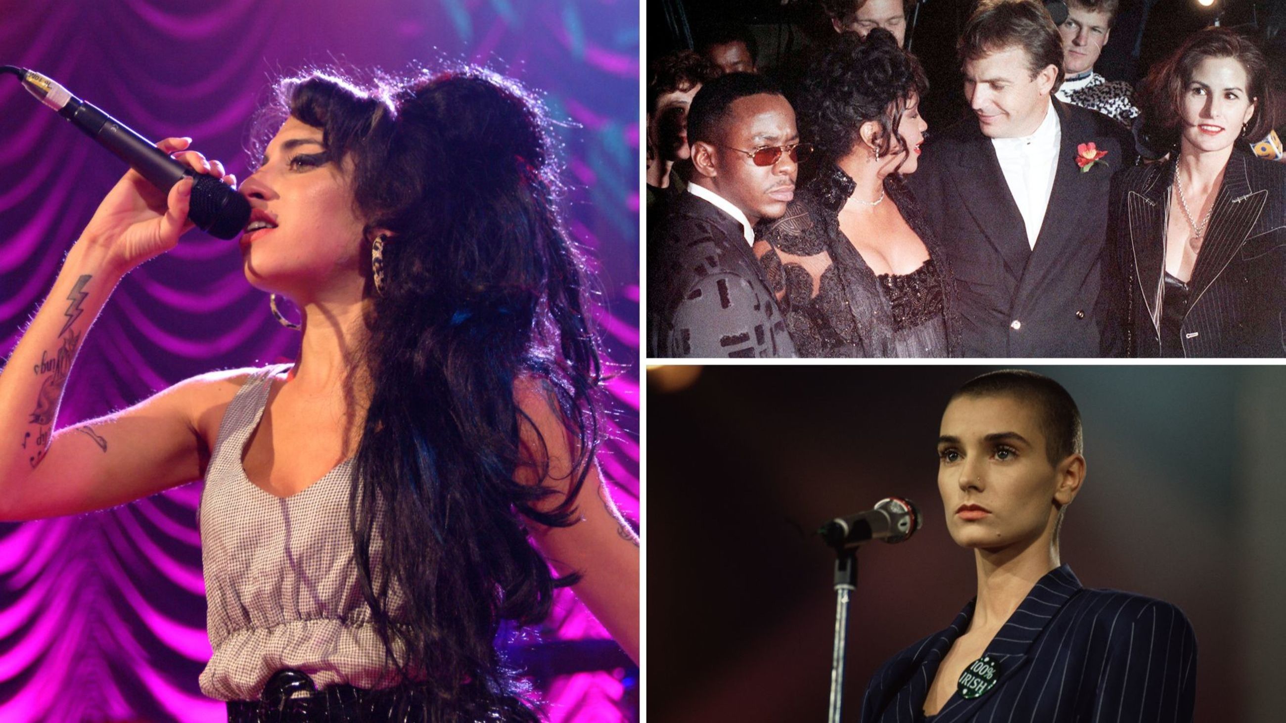 Shepherd’s Bush Empire – Foto di Amy Winehouse mentre si esibisce dal vivo sul palco; I cantanti Bobby Brown e Whitney Houston, e l’attore Kevin Costner con sua moglie Cindy Costner partecipano alla prima hollywoodiana di The Bodyguard il 23 novembre 1992 al Mann's Chinese Theatre a Hollywood, California; La cantante irlandese Sinéad O'Connor sul set del programma televisivo Stars 90 - Credits: Getty Images

