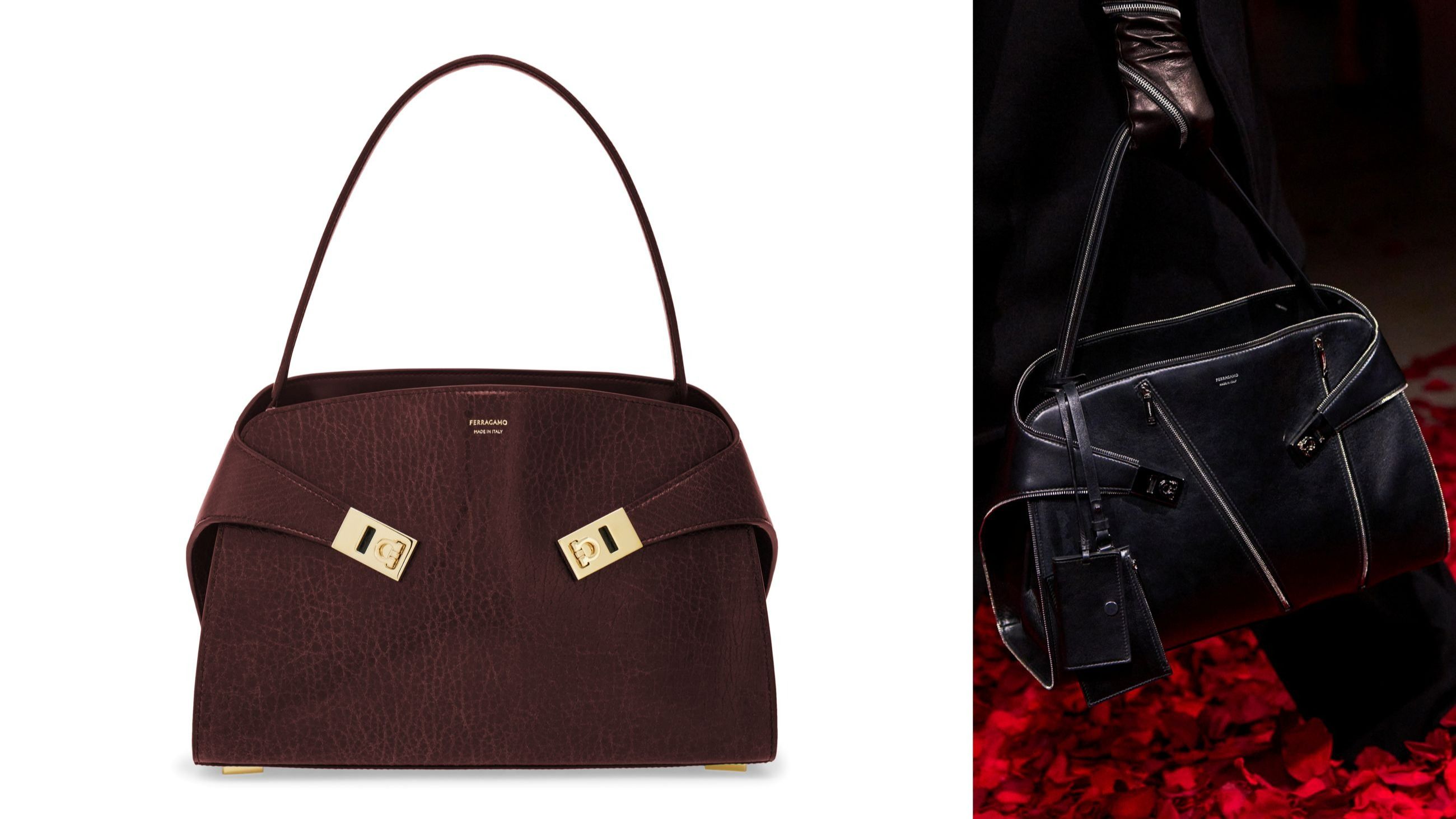 A sinistra, un modello di borsa Hug Soft di dimensione media in tonalità prugna, a destra, una versione nera dall’animo rock – Credits: Ufficio Stampa e Launchmetrics.com/Spotlight