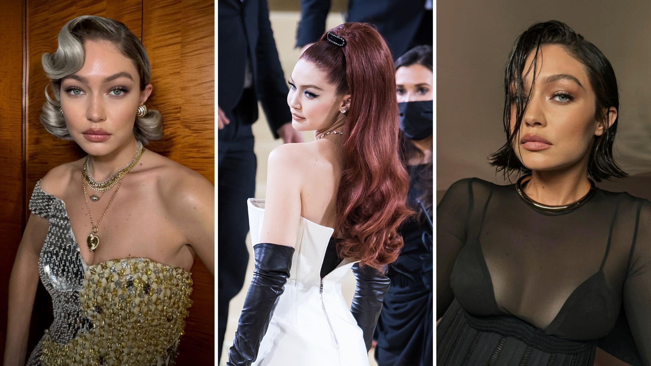 Da sinistra: Immagine tratta dal profilo Instagram di Dimitris Giannetos; Gigi Hadid al Met Gala 2021 - Credits Getty Images; Immagine tratta dal profilo ufficiale di Dimitris Giannetos 