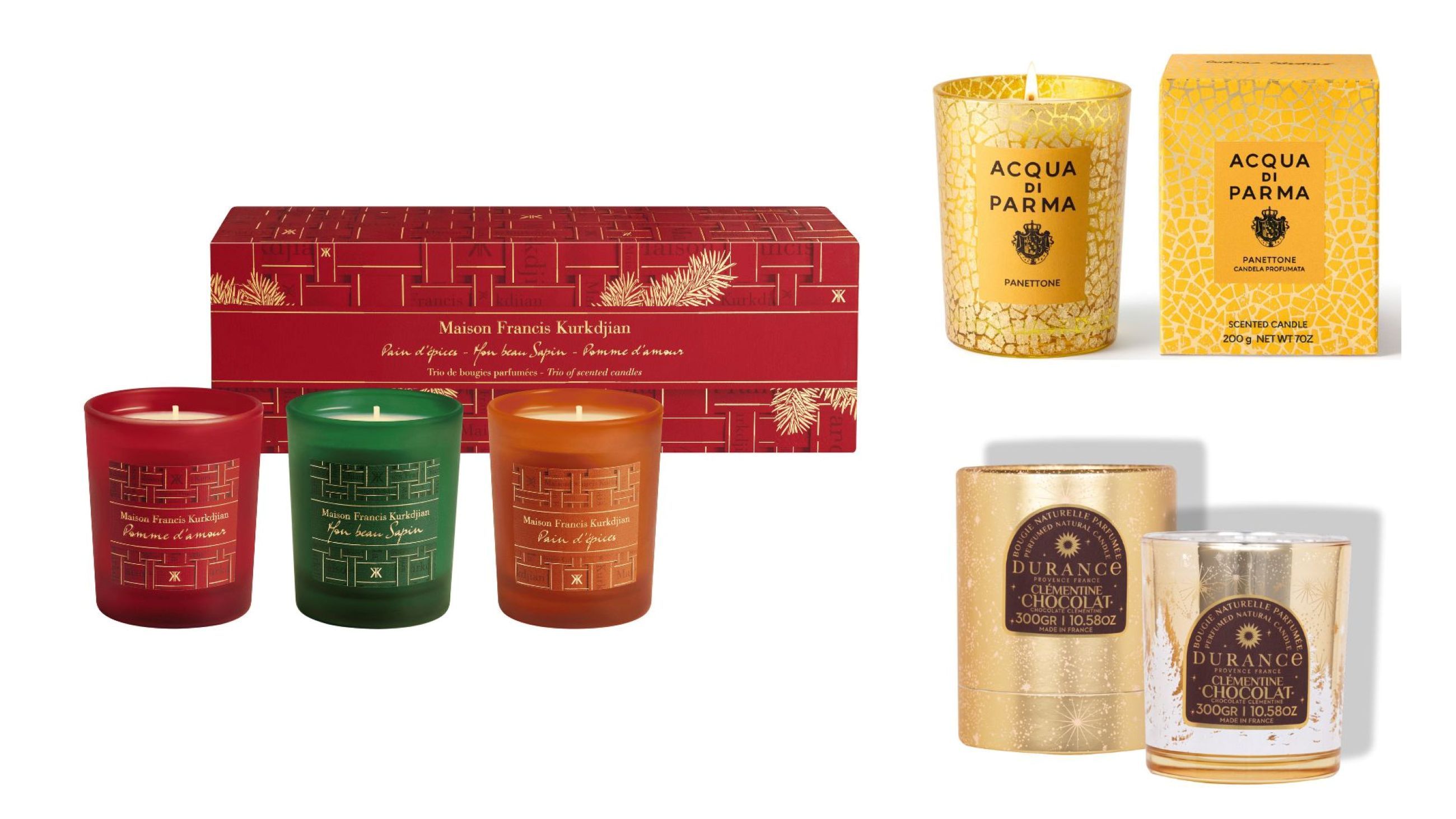 Da sinistra: Maison Francis Kurkdjian, Trio Candele Profumate; Acqua di Parma, Candela Panettone; Durance, Clementine Chocolat Candela - Courtesy Press Office