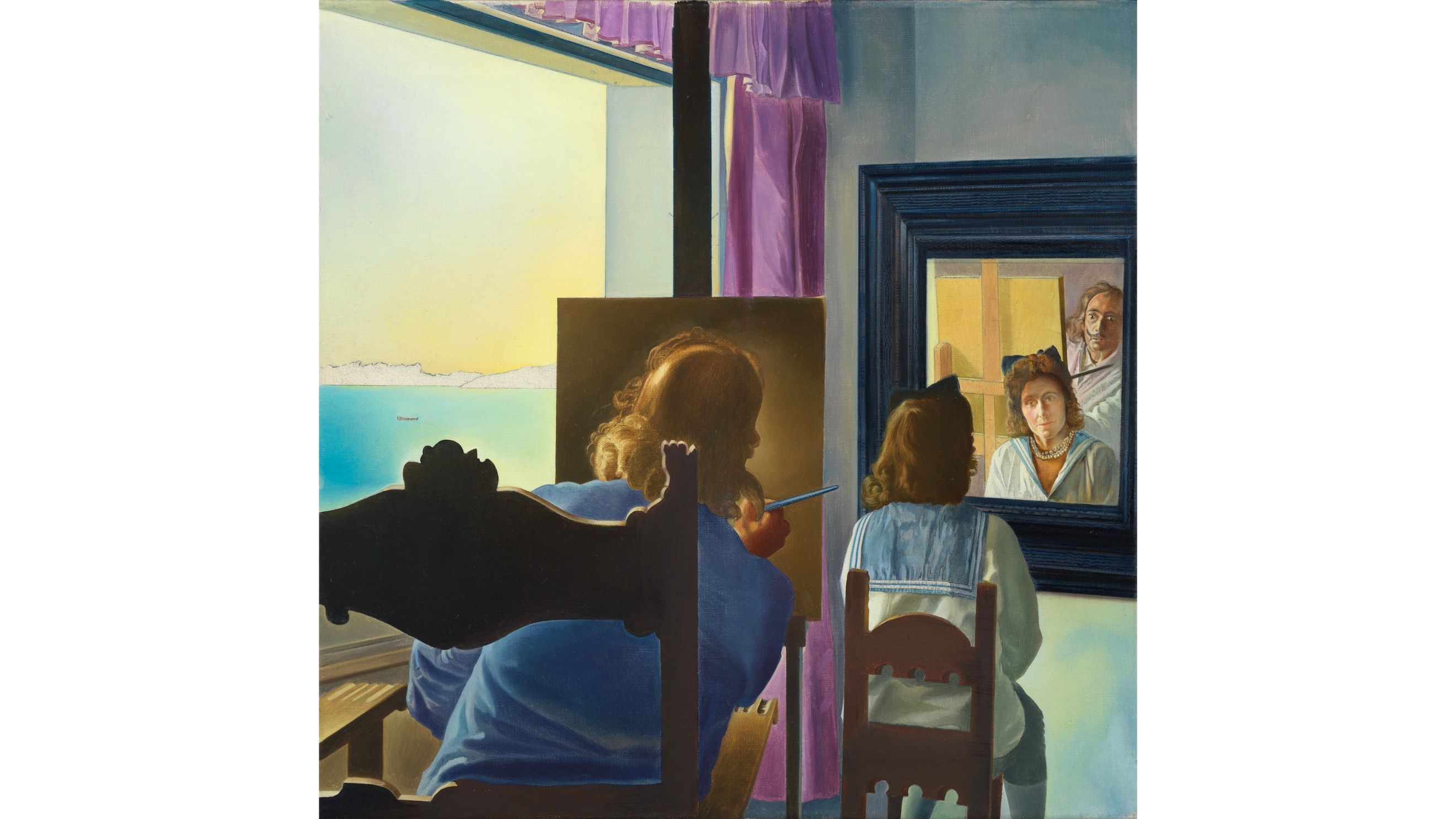 Salvador Dalí, Dalí visto di spalle mentre dipinge Gala. Opera stereoscopica / Dalí de espaldas pintando a Gala vista de espaldas eternizada por seis córneas virtuales provisionalmente reflejadas en seis espejos verdaderos. Obra estereoscópica, elemento derecho, 1972-1973, Olio su tela, 60 x 60 cm. Fundació Gala-Salvador Dalí, Figueres © Salvador Dalí, Fundació Gala-Salvador Dalí, Roma, 2025 - Courtesy Press Office